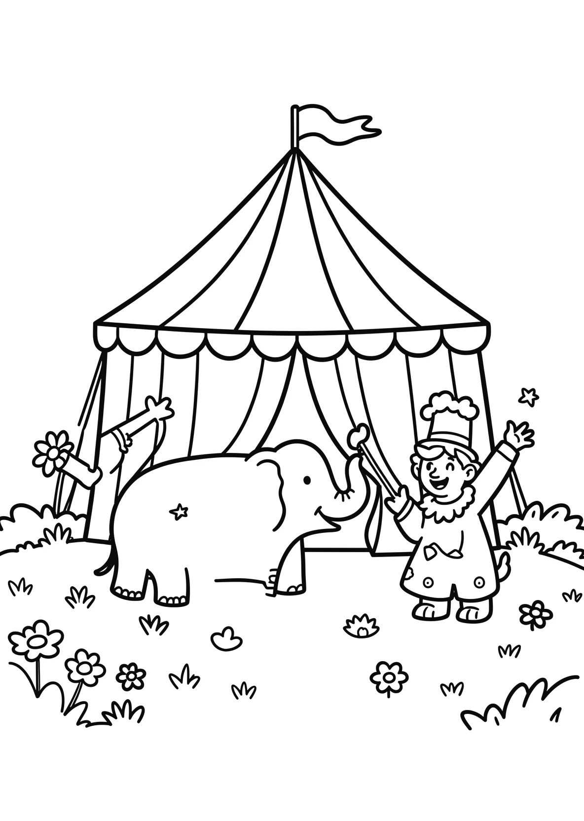 Ausmalbild Zirkuszelt mit Clown - Ausmalbild aus der Kategorie Tiere - kostenlos ausdrucken