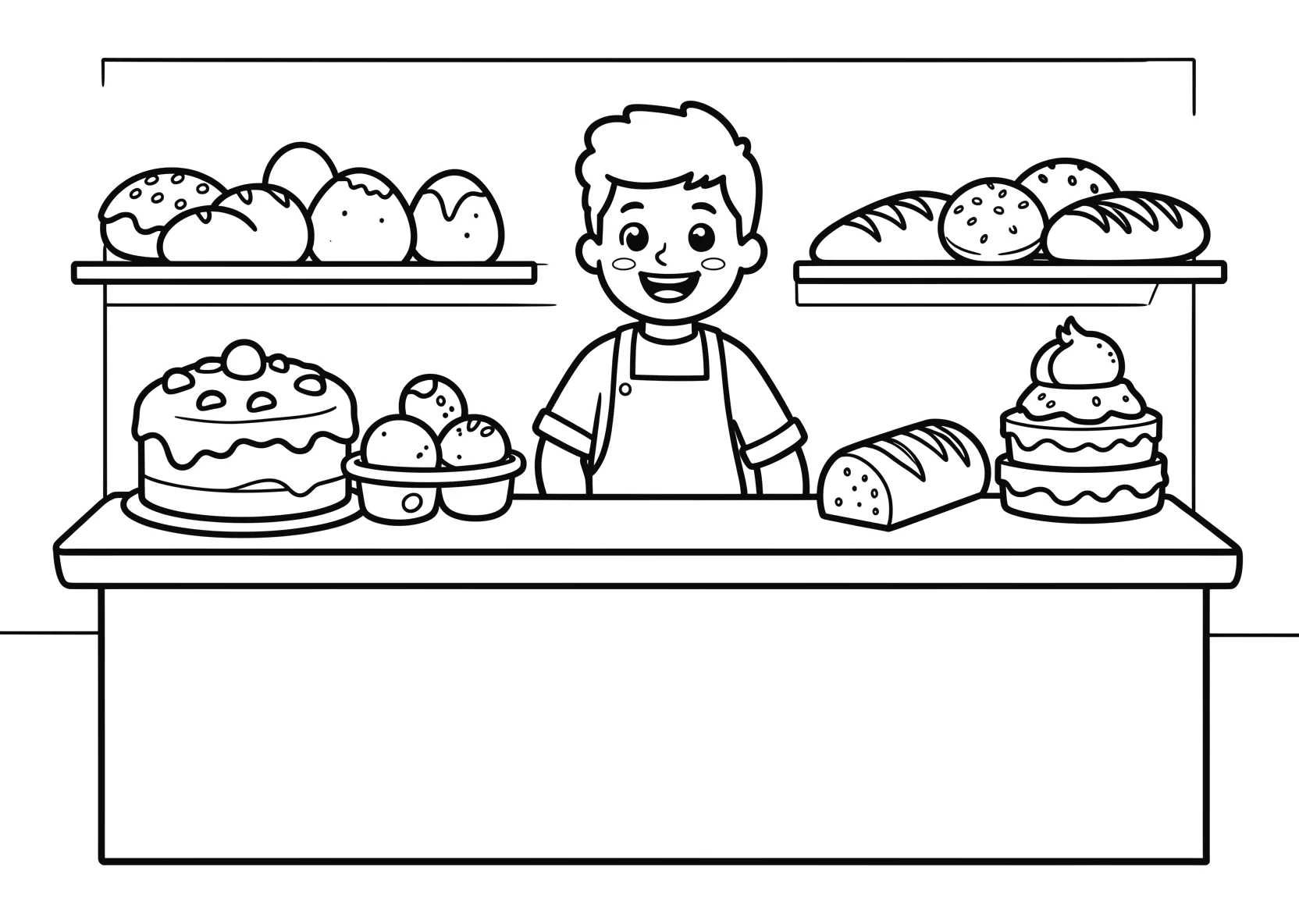 Ausmalbild Bäckerei mit Kuchen - Ausmalbild aus der Kategorie Essen - kostenlos ausdrucken