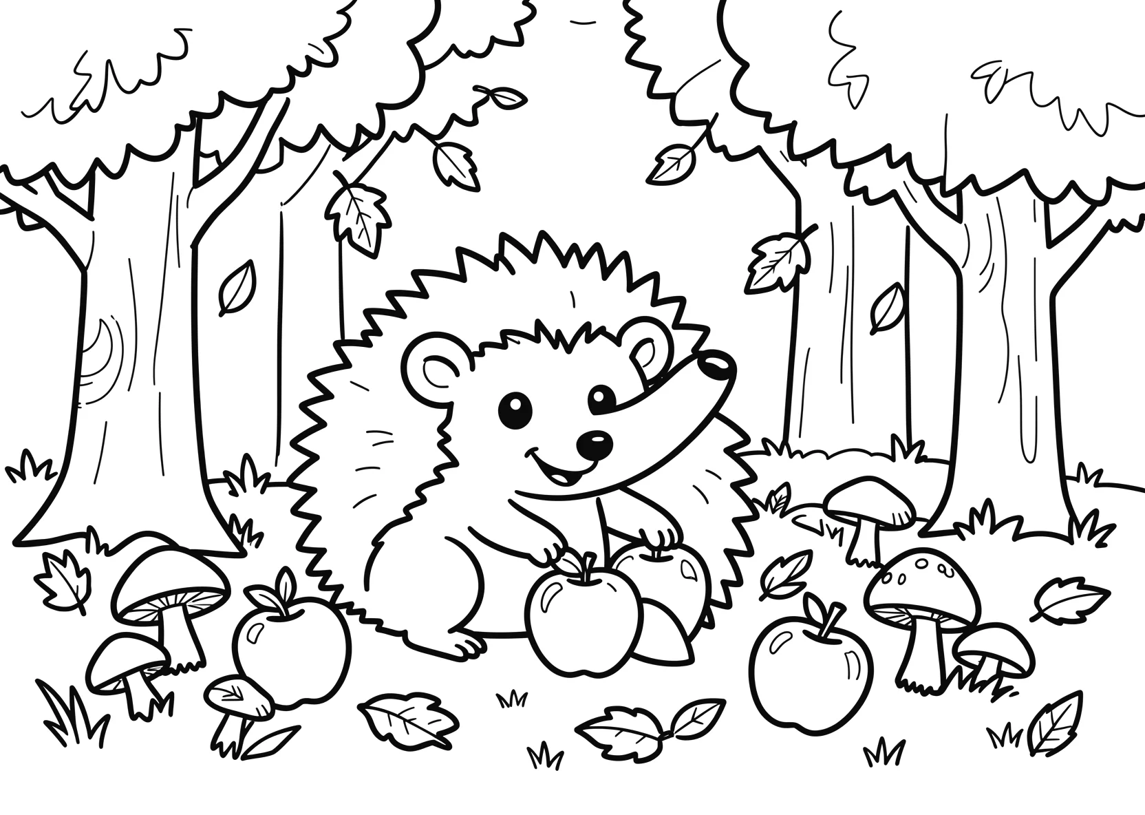 Ausmalbild Igel sammelt Äpfel im Herbstwald mit fallenden - Ausmalbild aus der Kategorie Natur - kostenlos ausdrucken