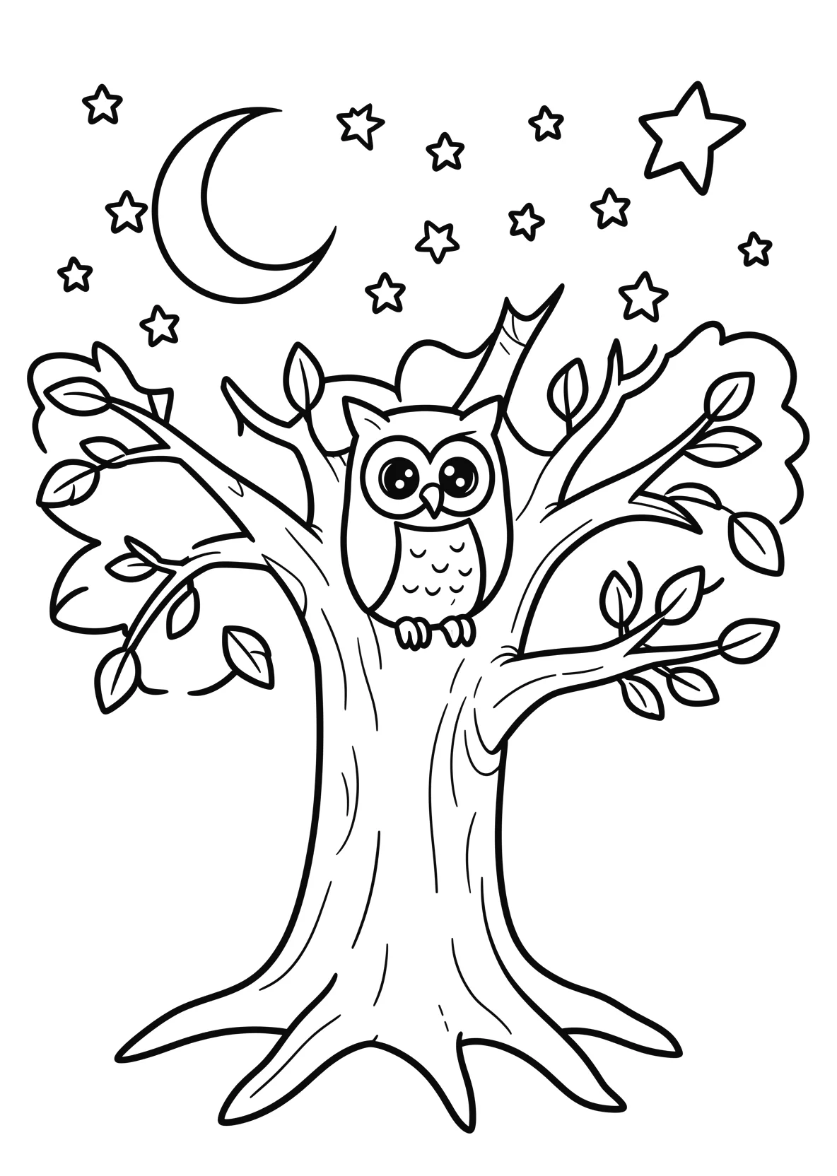 Ausmalbild Eule sitzt in einer alten Eiche bei Nacht mit Mond - Ausmalbild aus der Kategorie Tiere - kostenlos ausdrucken