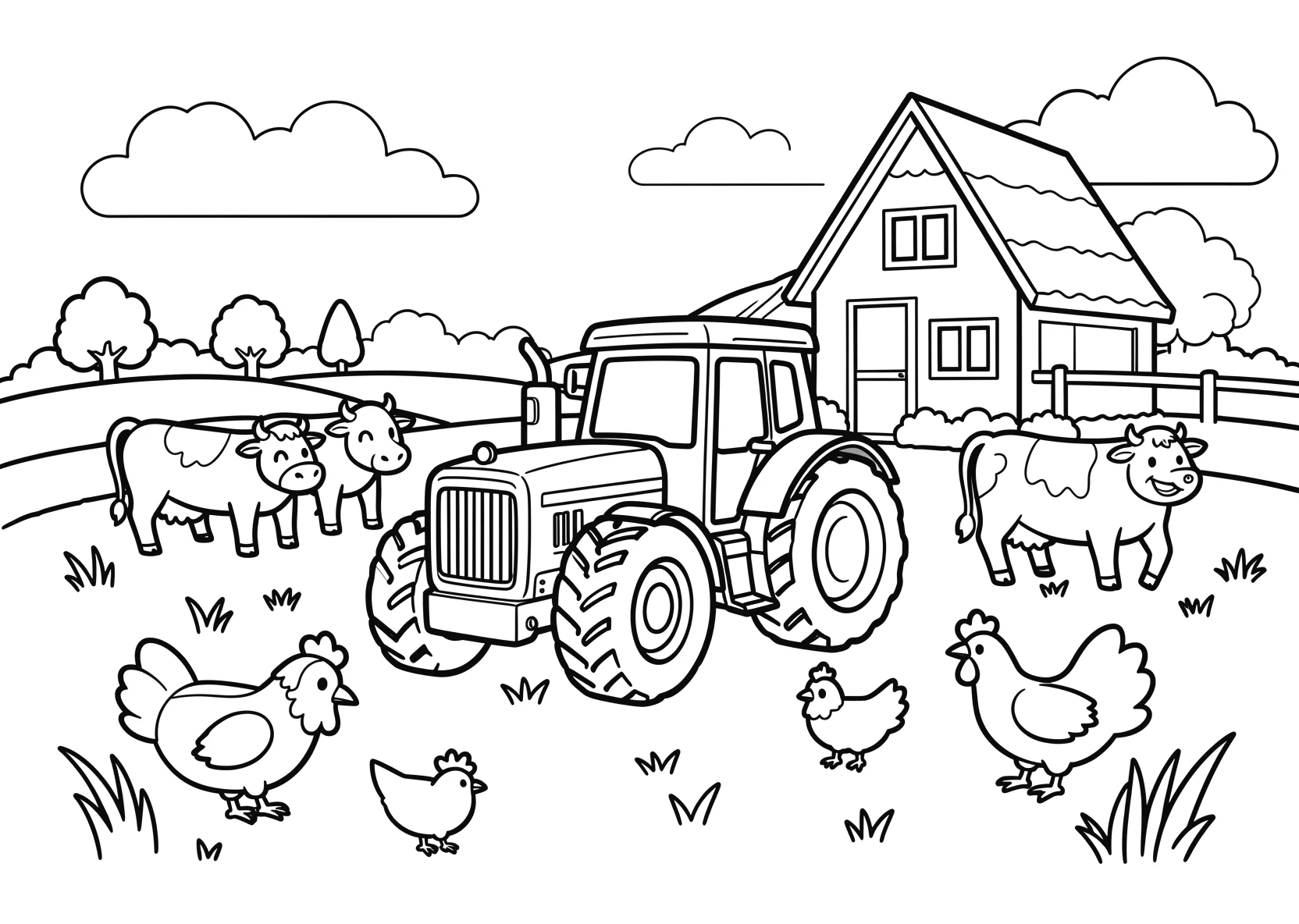 Ausmalbild Traktor auf einem Bauernhof mit Kühen - Ausmalbild aus der Kategorie Tiere - kostenlos ausdrucken