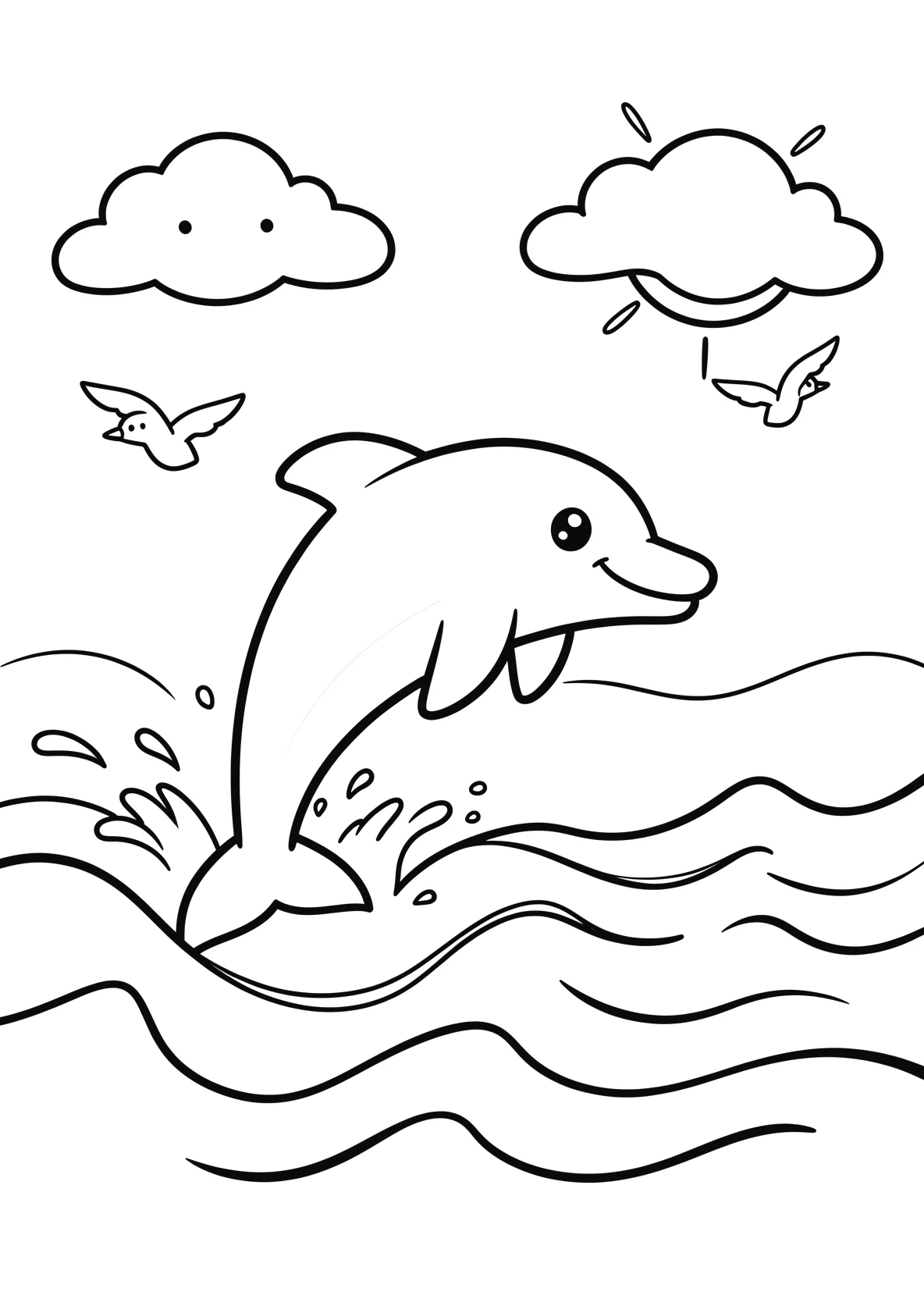 Ausmalbild Delfin springt über Wellen im Meer mit Möwen - Ausmalbild aus der Kategorie Tiere - kostenlos ausdrucken