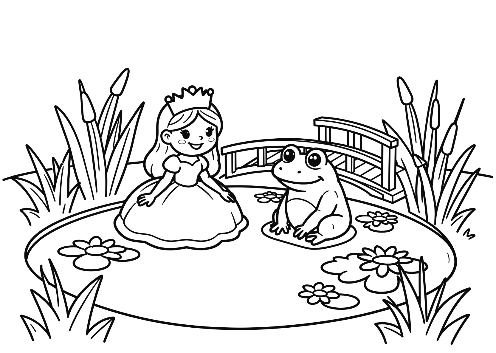 Ausmalbild Prinzessin und ein Frosch sitzen am Teich mit - Ausmalbild aus der Kategorie Maerchen - kostenlos ausdrucken