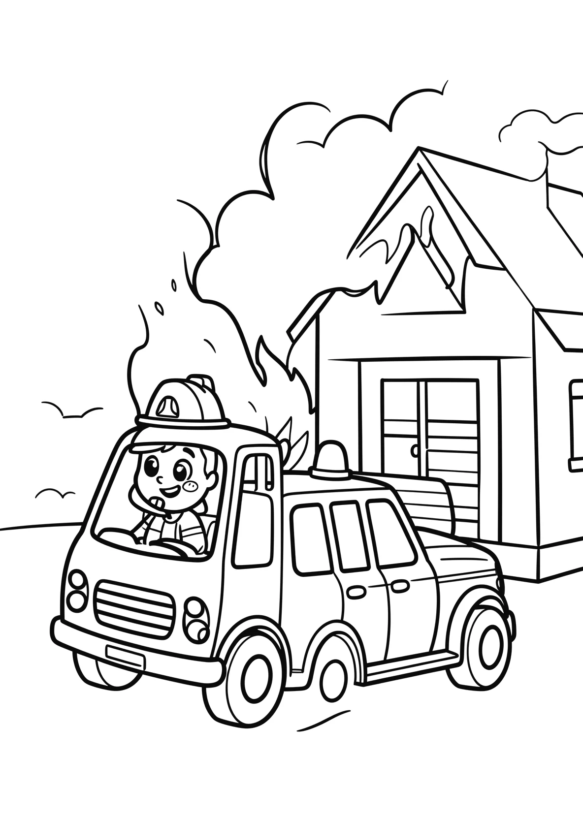 Ausmalbild Feuerwehrauto mit Feuerwehrmann löscht ein Feuer - Ausmalbild aus der Kategorie Fahrzeuge - kostenlos ausdrucken