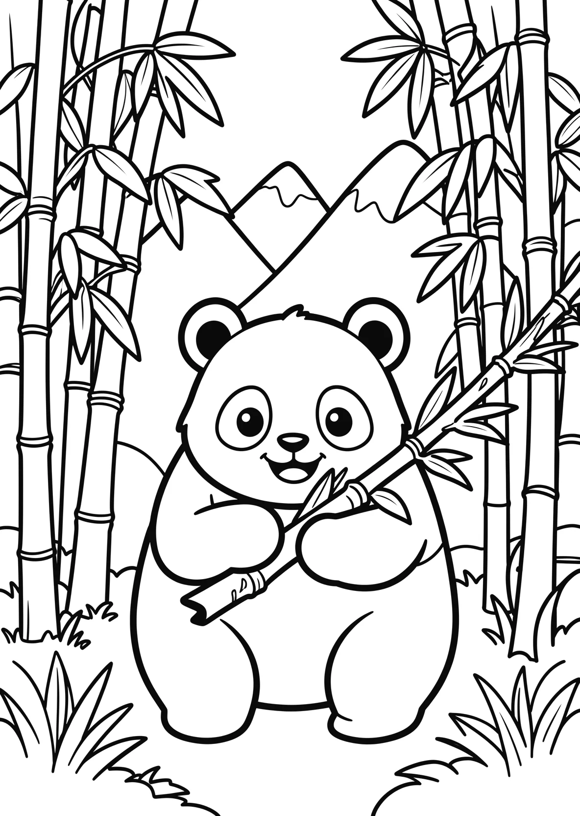 Ausmalbild Pandabär frisst Bambus im Bambuswald mit Bergen - Ausmalbild aus der Kategorie Tiere - kostenlos ausdrucken