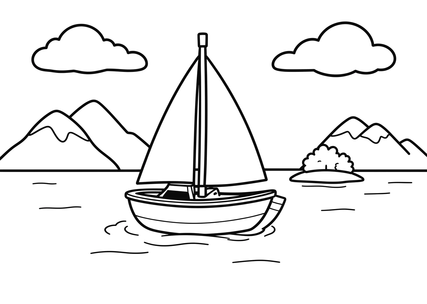 Ausmalbild Segelboot auf einem ruhigen See mit Bergen - Ausmalbild aus der Kategorie Natur - kostenlos ausdrucken