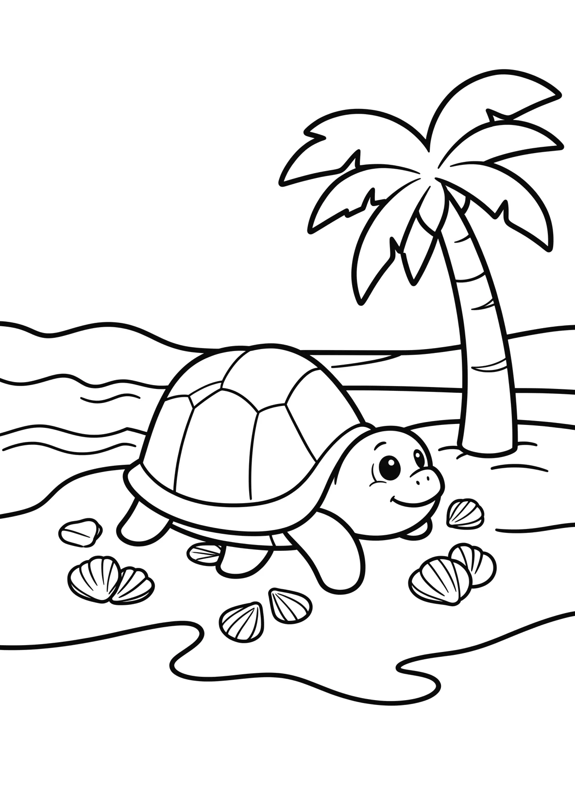 Ausmalbild Schildkröte am Strand mit Muscheln - Ausmalbild aus der Kategorie Tiere - kostenlos ausdrucken