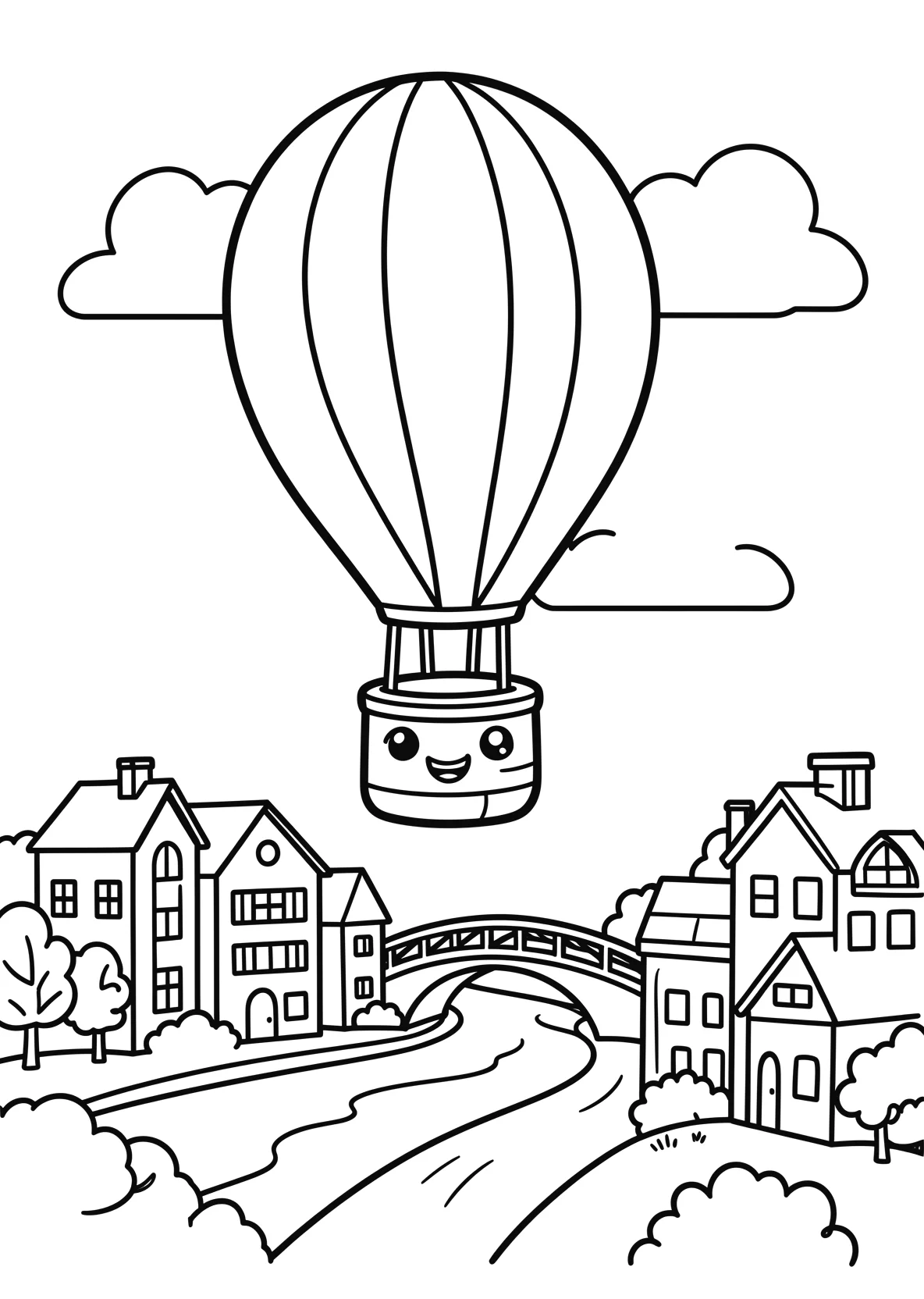 Ausmalbild Heißluftballon fliegt über eine Stadt mit Häusern - Ausmalbild aus der Kategorie Fahrzeuge - kostenlos ausdrucken