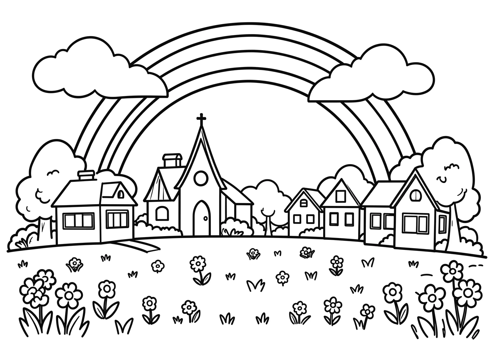 Ausmalbild Regenbogen über einem kleinen Dorf mit Kirche - Ausmalbild aus der Kategorie Natur - kostenlos ausdrucken