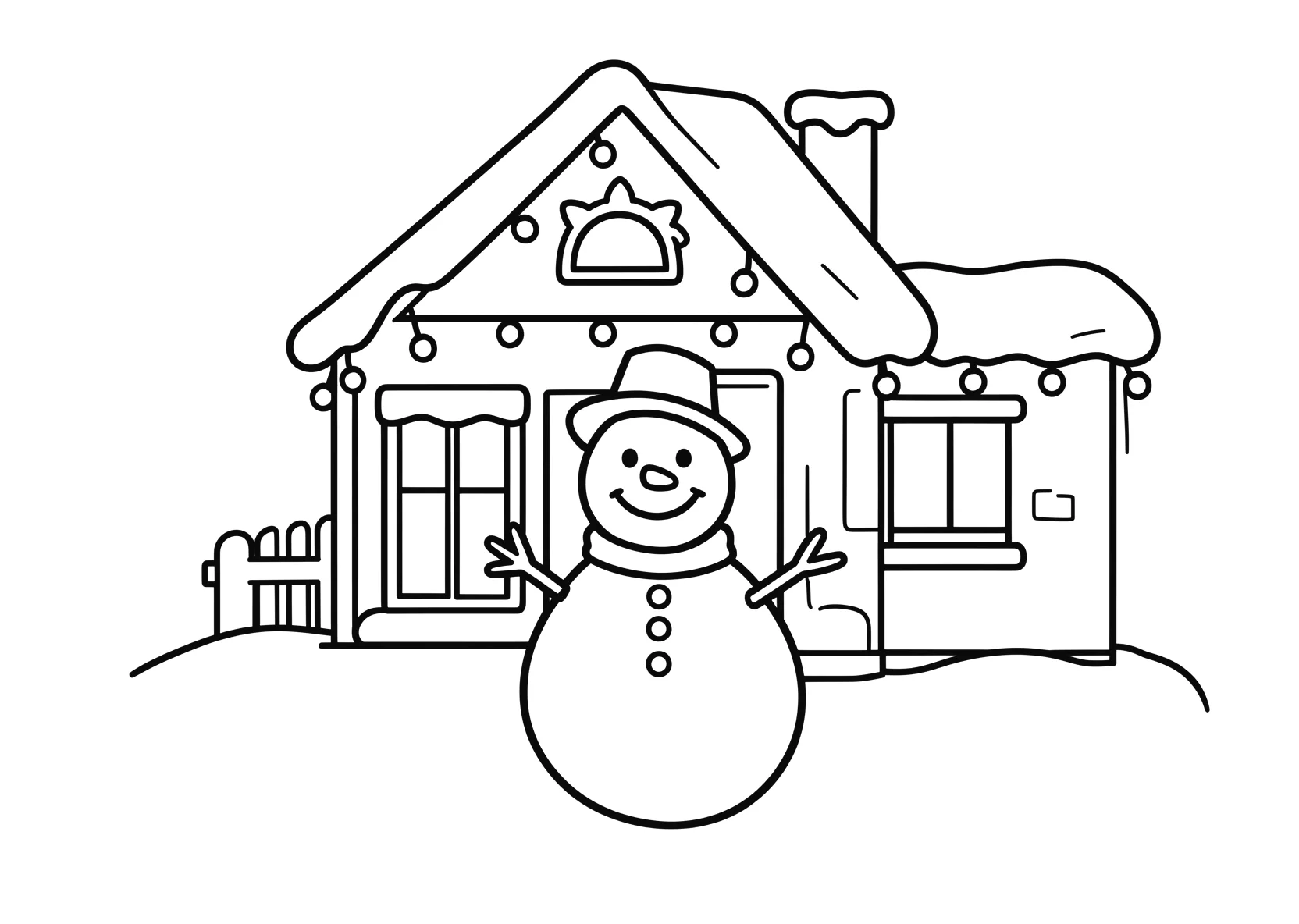 Ausmalbild Kinder bauen einen Schneemann vor einem Haus mit - Ausmalbild aus der Kategorie Feiertage - kostenlos ausdrucken