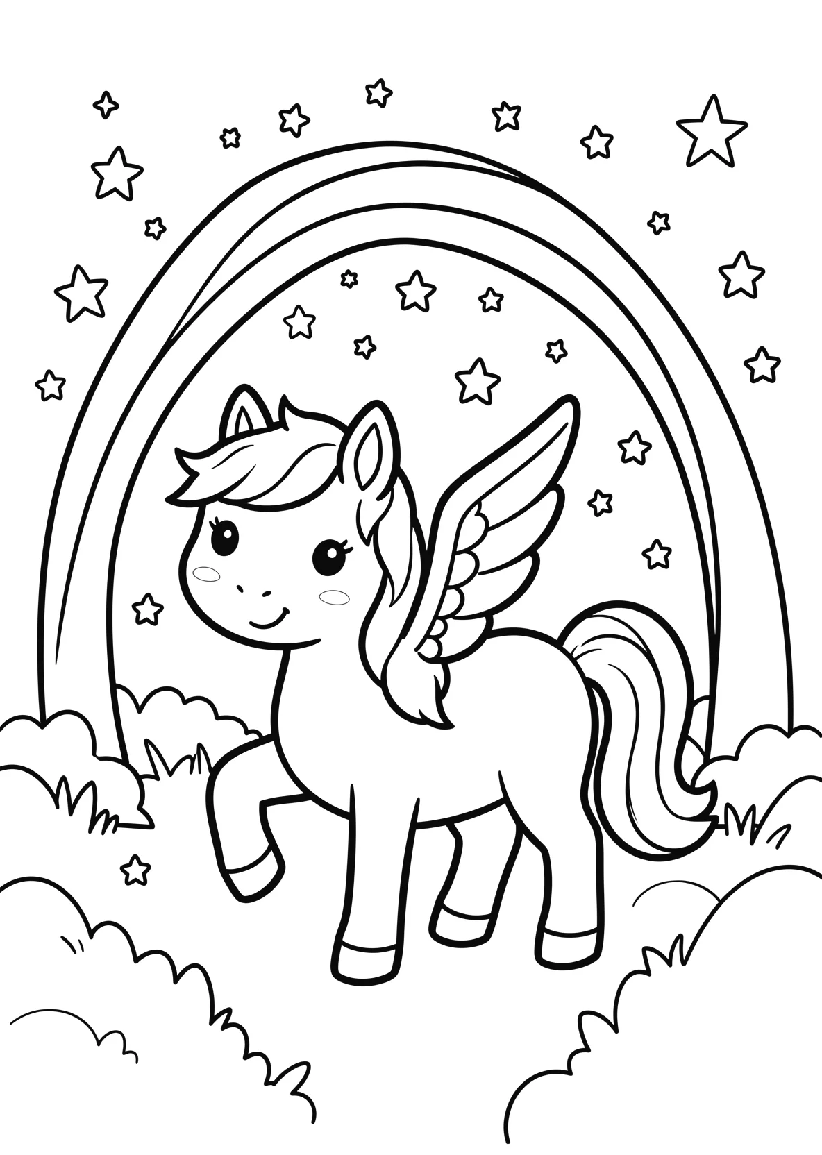 Ausmalbild Einhorn im Zauberwald mit Sternen - Ausmalbild aus der Kategorie Maerchen - kostenlos ausdrucken