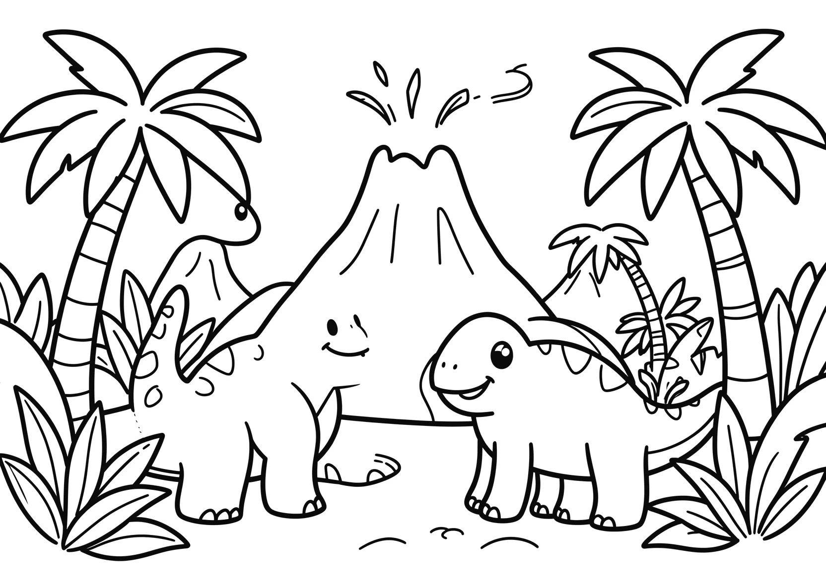 Ausmalbild Dinosaurier im Dschungel mit Vulkan - Ausmalbild aus der Kategorie Tiere - kostenlos ausdrucken