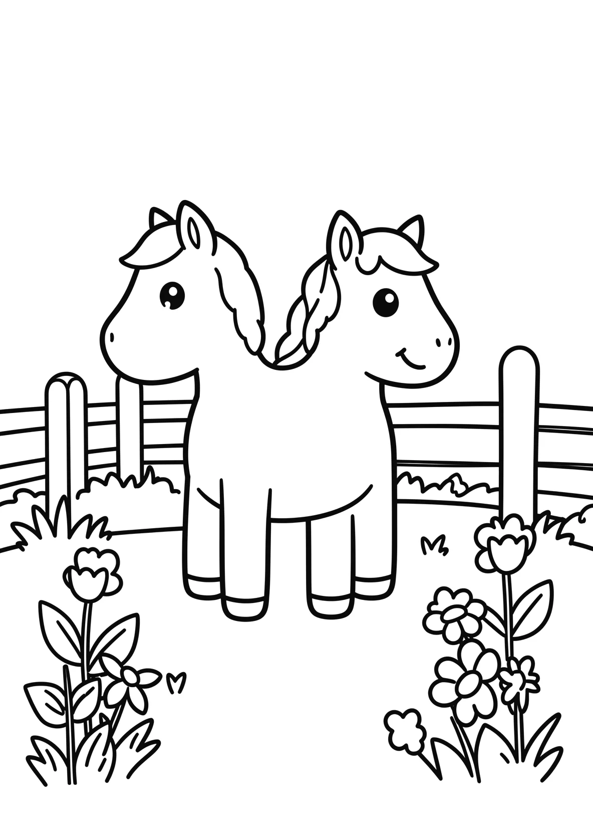 Ausmalbild Pferd auf einer Wiese mit Zaun und Blumen - Ausmalbild aus der Kategorie Tiere - kostenlos ausdrucken