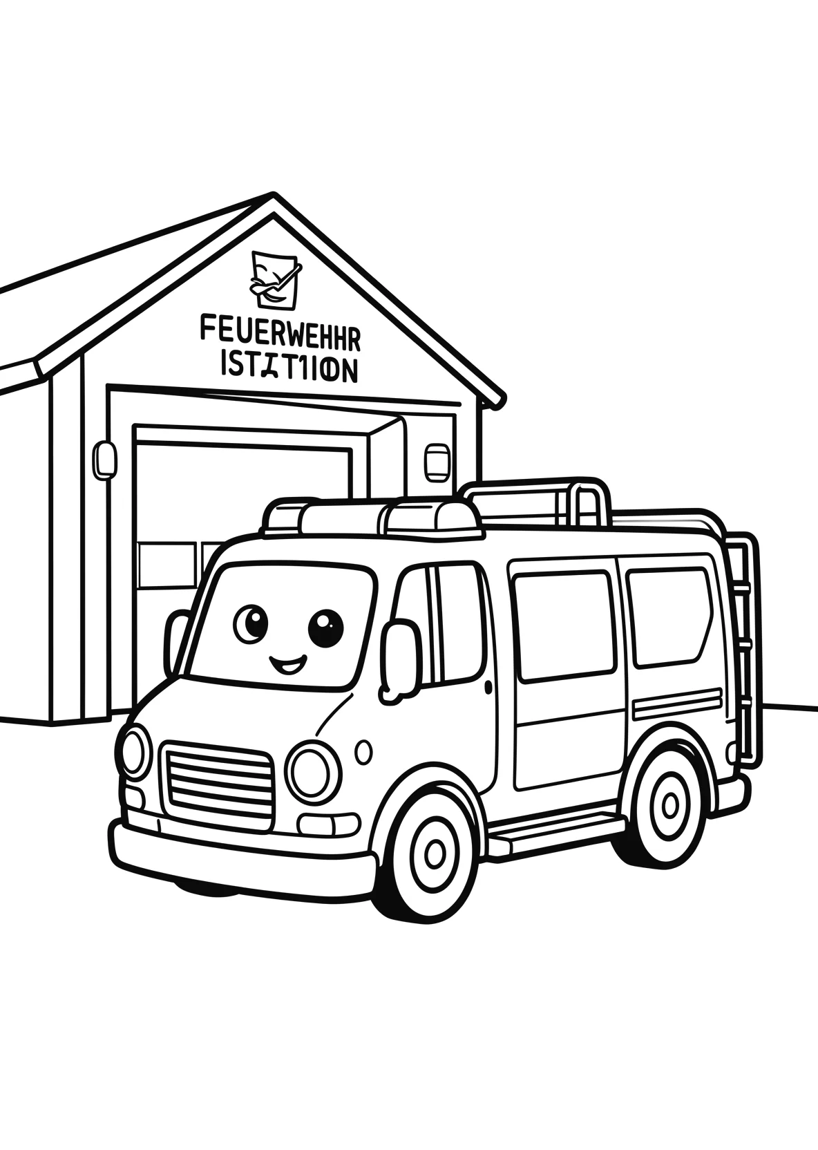 Ausmalbild Feuerwehrauto vor einer Feuerwehrstation - Ausmalbild aus der Kategorie Fahrzeuge - kostenlos ausdrucken