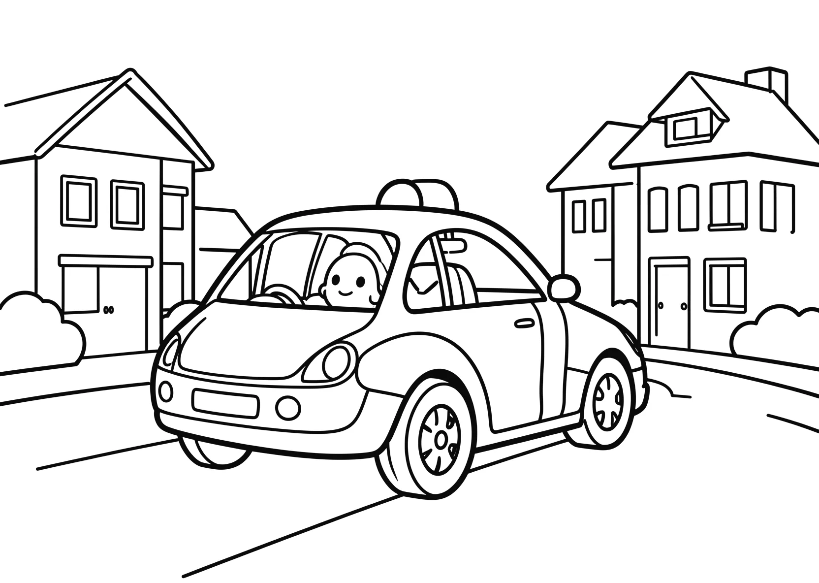 Ausmalbild Polizeiauto auf einer Straße mit Häusern - Ausmalbild aus der Kategorie Fahrzeuge - kostenlos ausdrucken