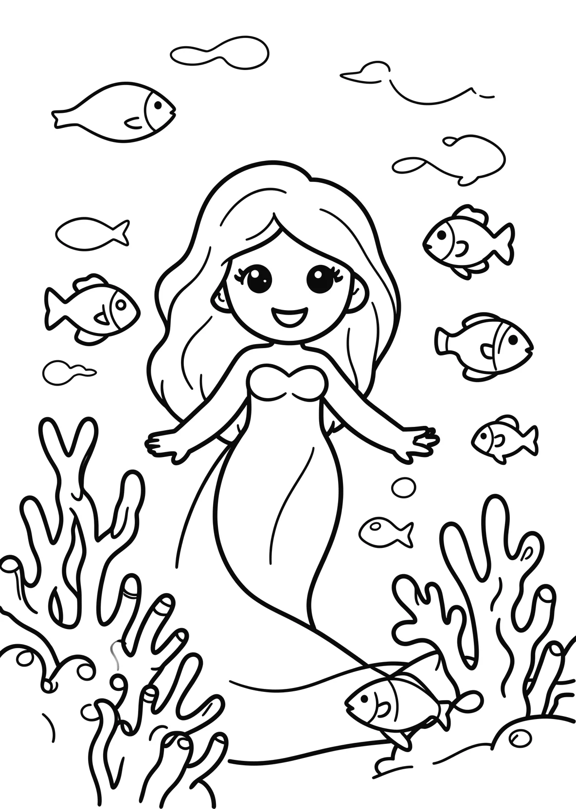 Ausmalbild Meerjungfrau im Meer mit Korallen und Fischen - Ausmalbild aus der Kategorie Maerchen - kostenlos ausdrucken