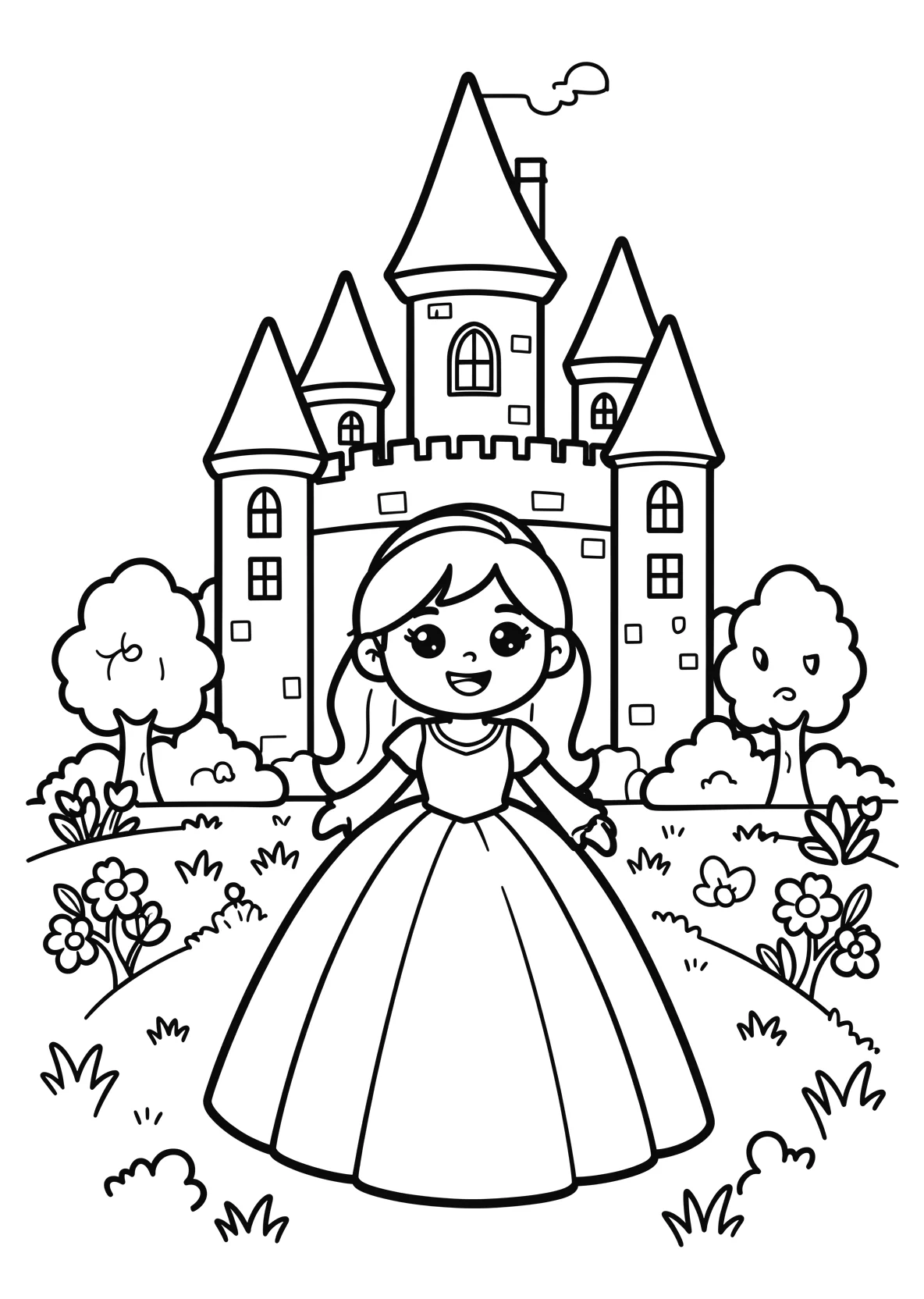 Ausmalbild Prinzessin vor einem Schloss mit Garten - Ausmalbild aus der Kategorie Maerchen - kostenlos ausdrucken