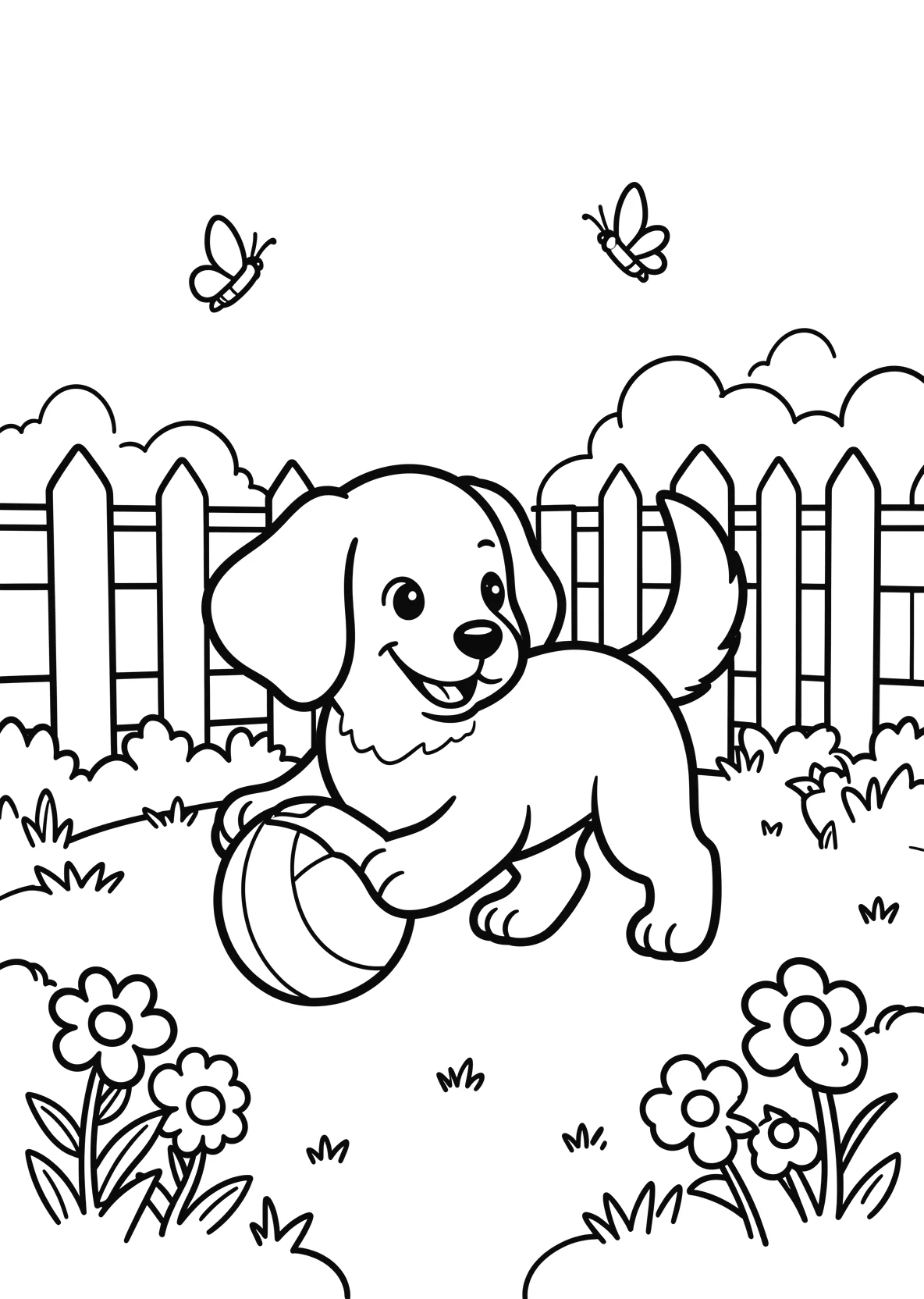 Ausmalbild Hund spielt mit einem Ball in einem Garten mit - Ausmalbild aus der Kategorie Tiere - kostenlos ausdrucken