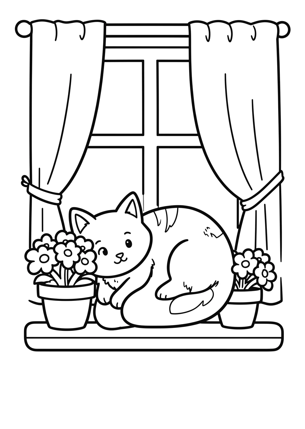 Ausmalbild Katze schläft auf einem Fensterbrett mit - Ausmalbild aus der Kategorie Tiere - kostenlos ausdrucken