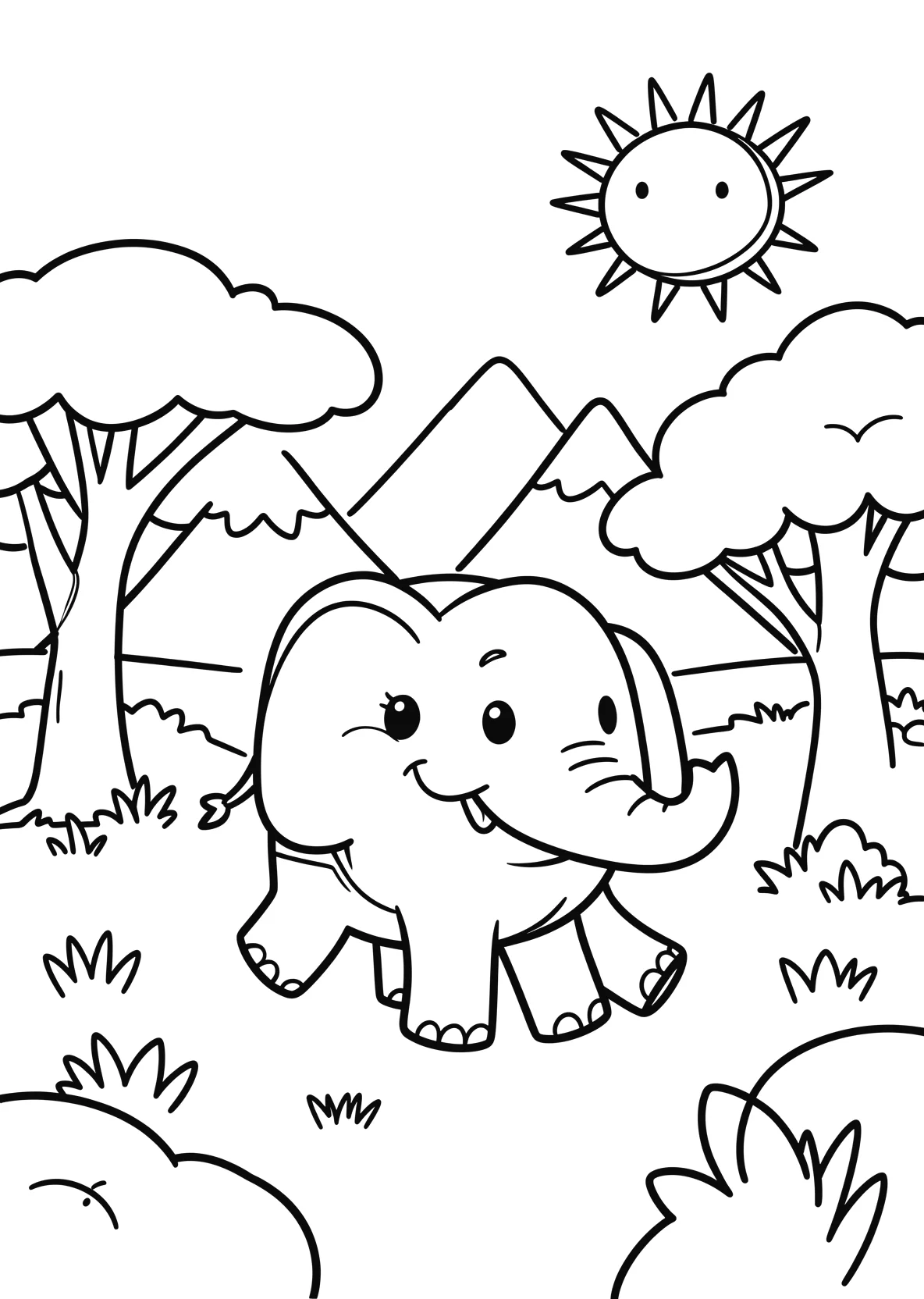 Ausmalbild Elefant läuft durch die Savanne mit Bäumen - Ausmalbild aus der Kategorie Tiere - kostenlos ausdrucken