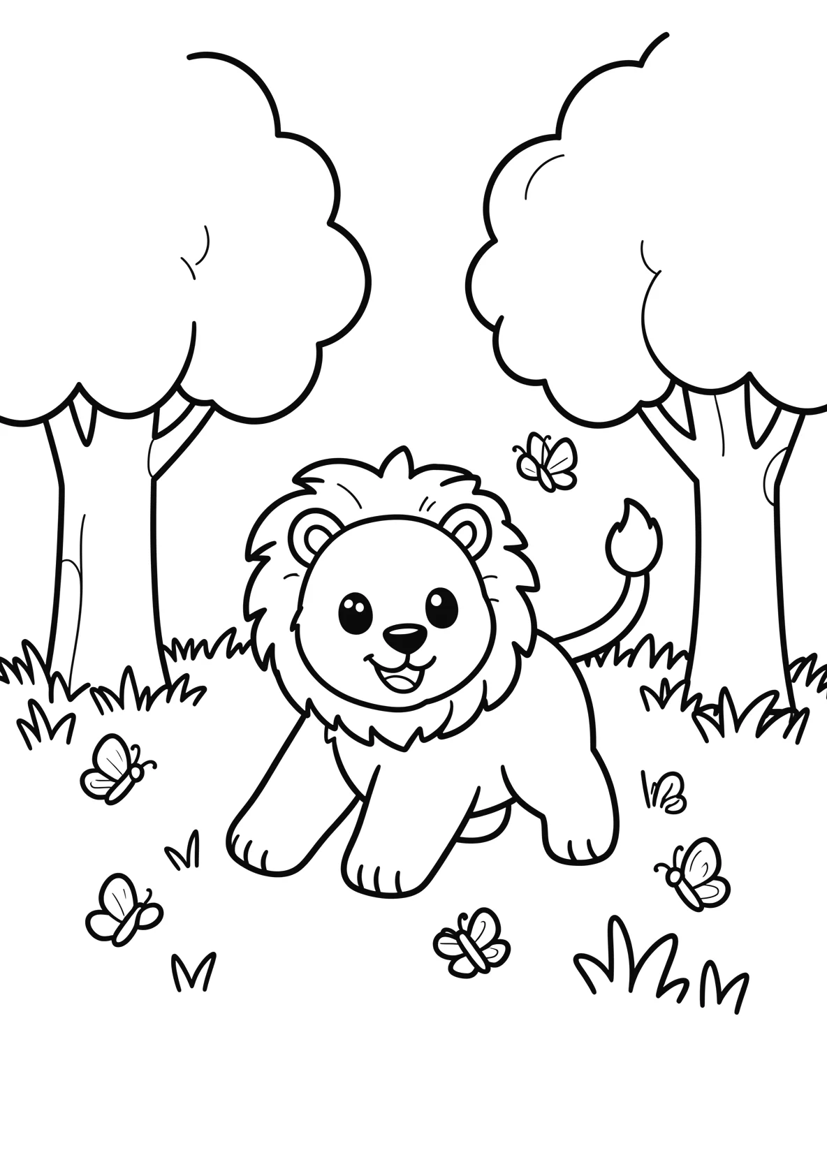 Ausmalbild Löwenjunges spielt im Gras mit Schmetterlingen - Ausmalbild aus der Kategorie Tiere - kostenlos ausdrucken