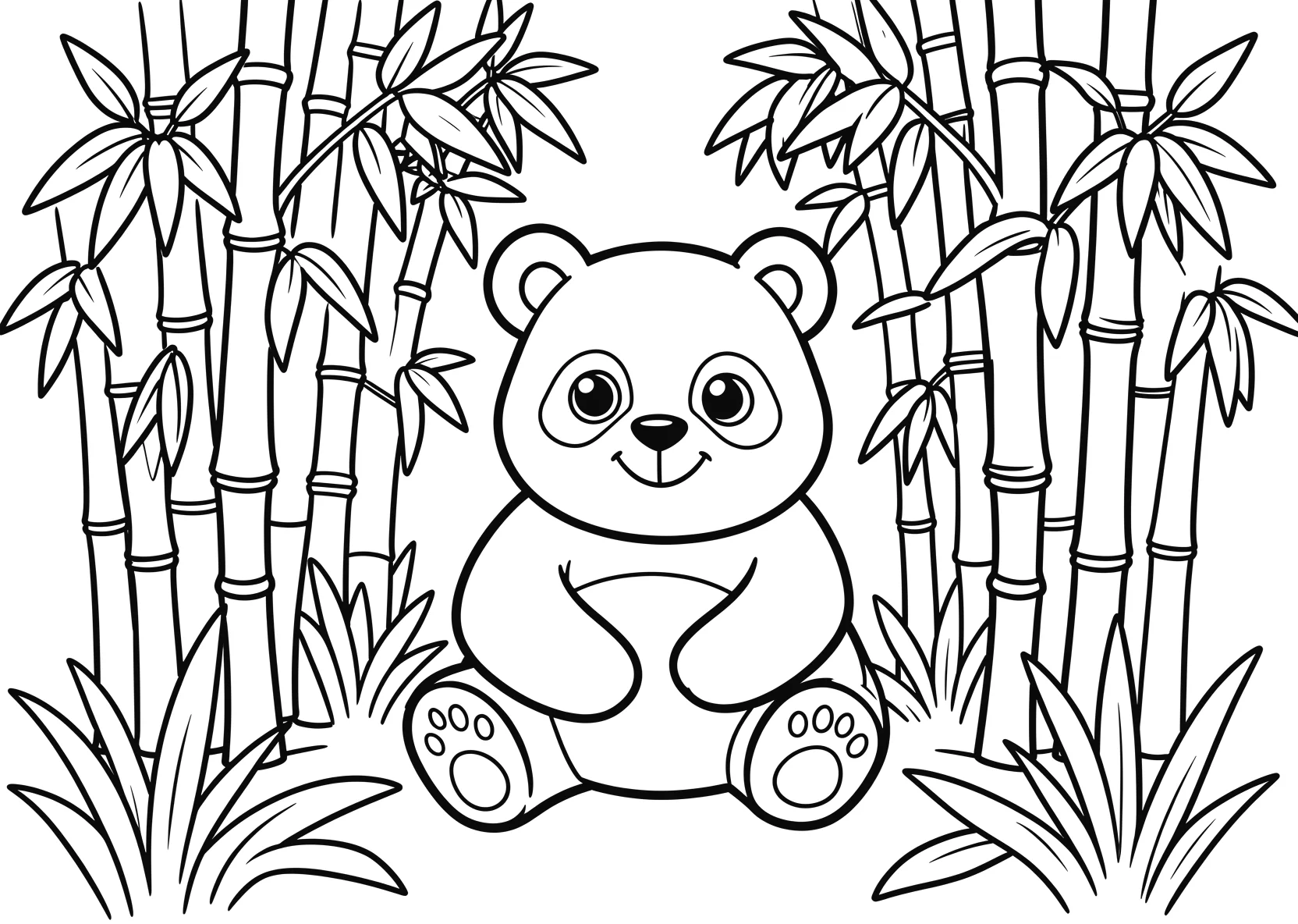 Ausmalbild Panda sitzt im Bambuswald mit vielen - Ausmalbild aus der Kategorie Tiere - kostenlos ausdrucken