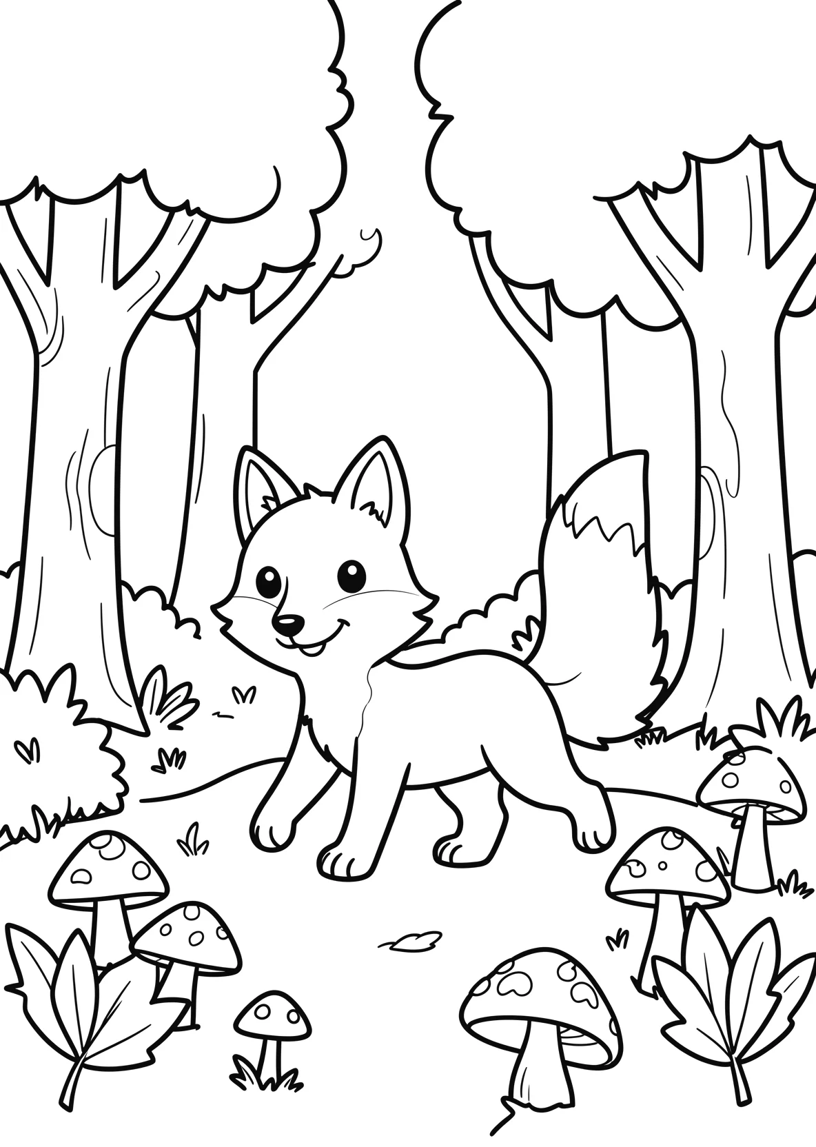 Ausmalbild Fuchs läuft durch einen Wald mit Pilzen - Ausmalbild aus der Kategorie Tiere - kostenlos ausdrucken