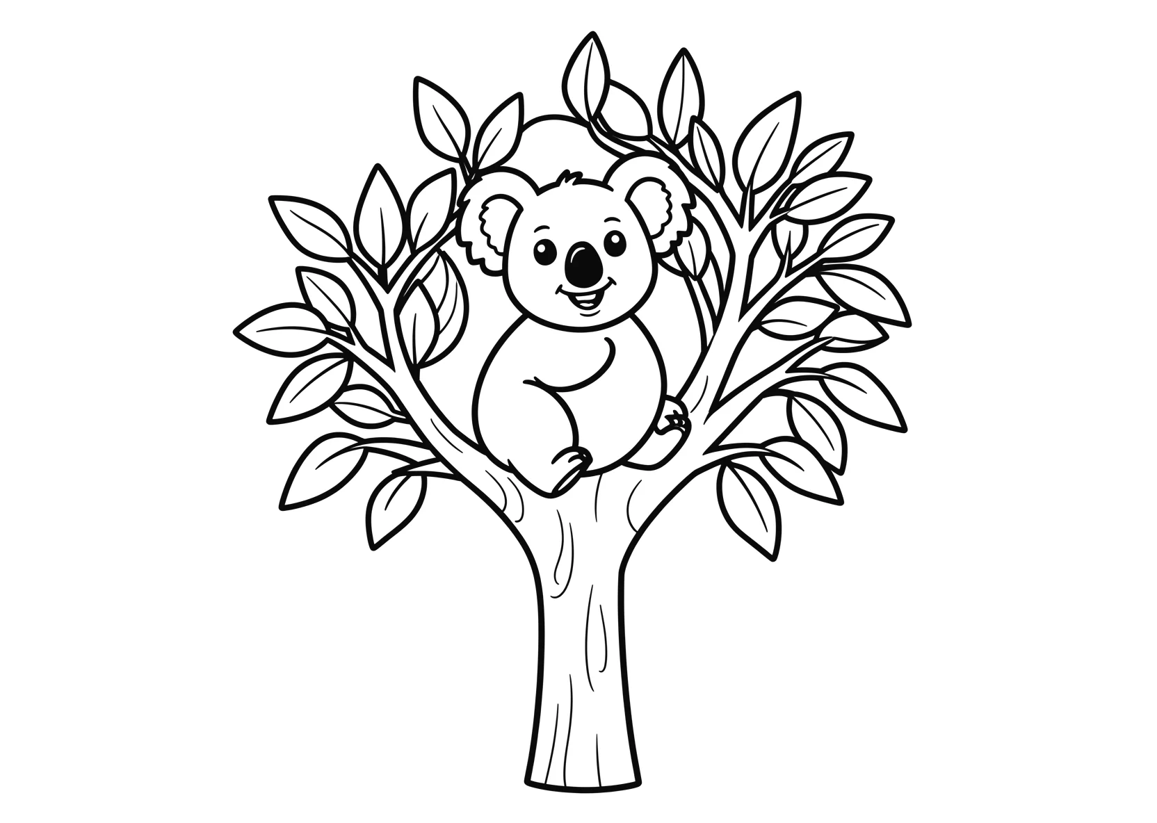 Ausmalbild Koala sitzt auf einem Eukalyptusbaum mit Blättern - Ausmalbild aus der Kategorie Tiere - kostenlos ausdrucken