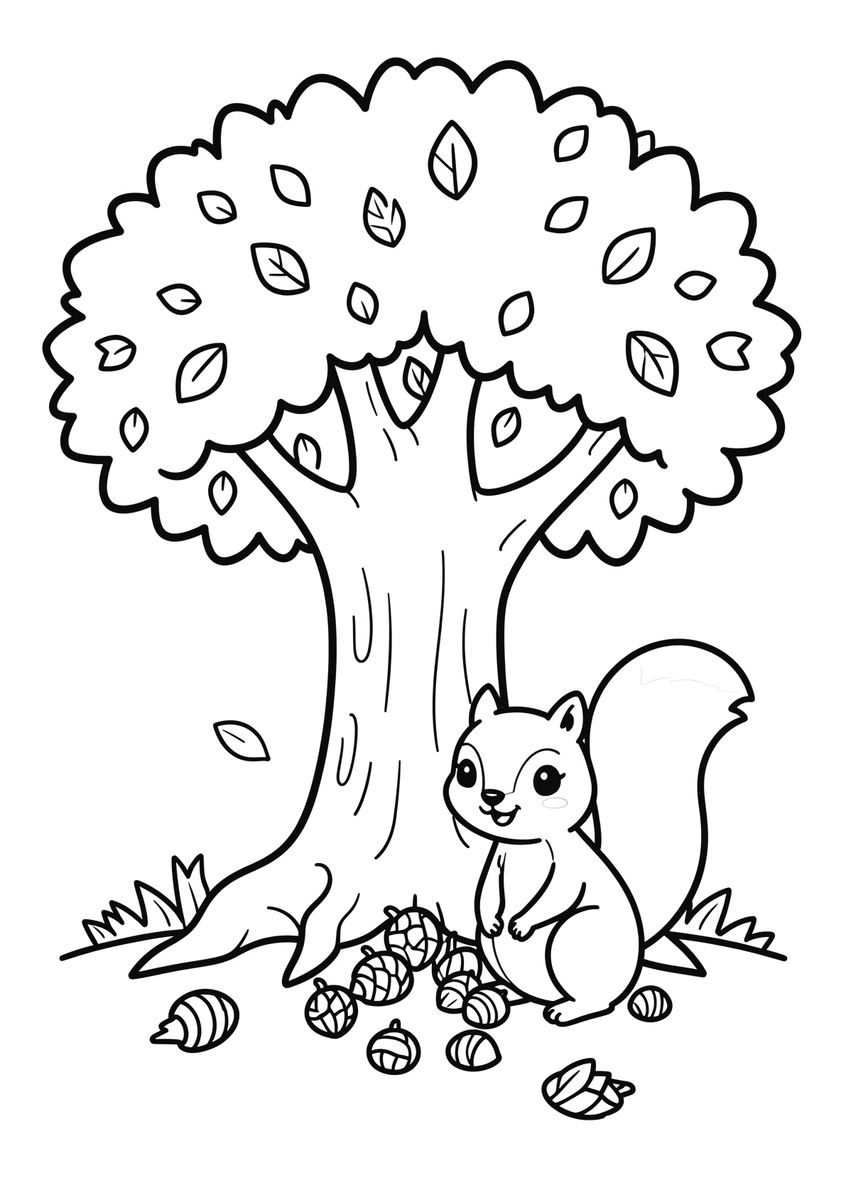 Ausmalbild Eichhörnchen sammelt Nüsse unter einem großen - Ausmalbild aus der Kategorie Natur - kostenlos ausdrucken