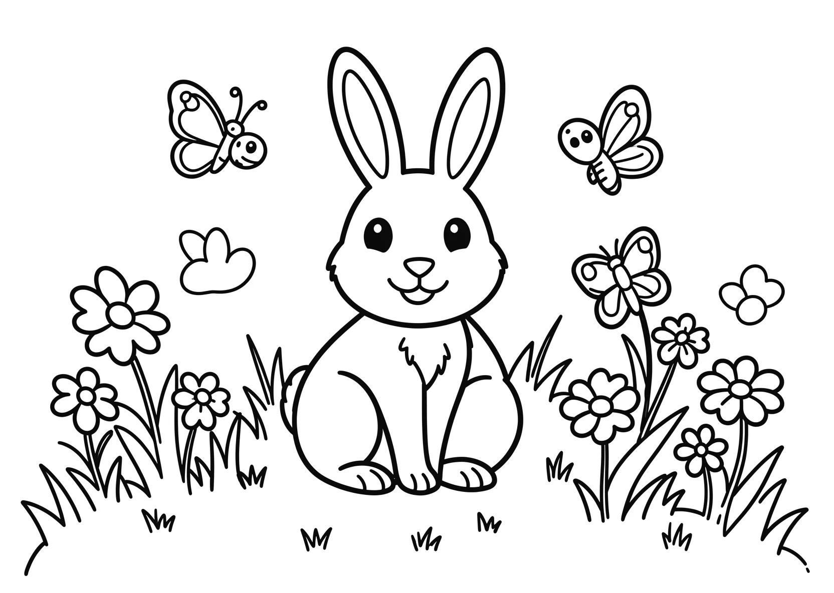 Ausmalbild Hase sitzt auf einer Wiese mit Blumen - Ausmalbild aus der Kategorie Tiere - kostenlos ausdrucken