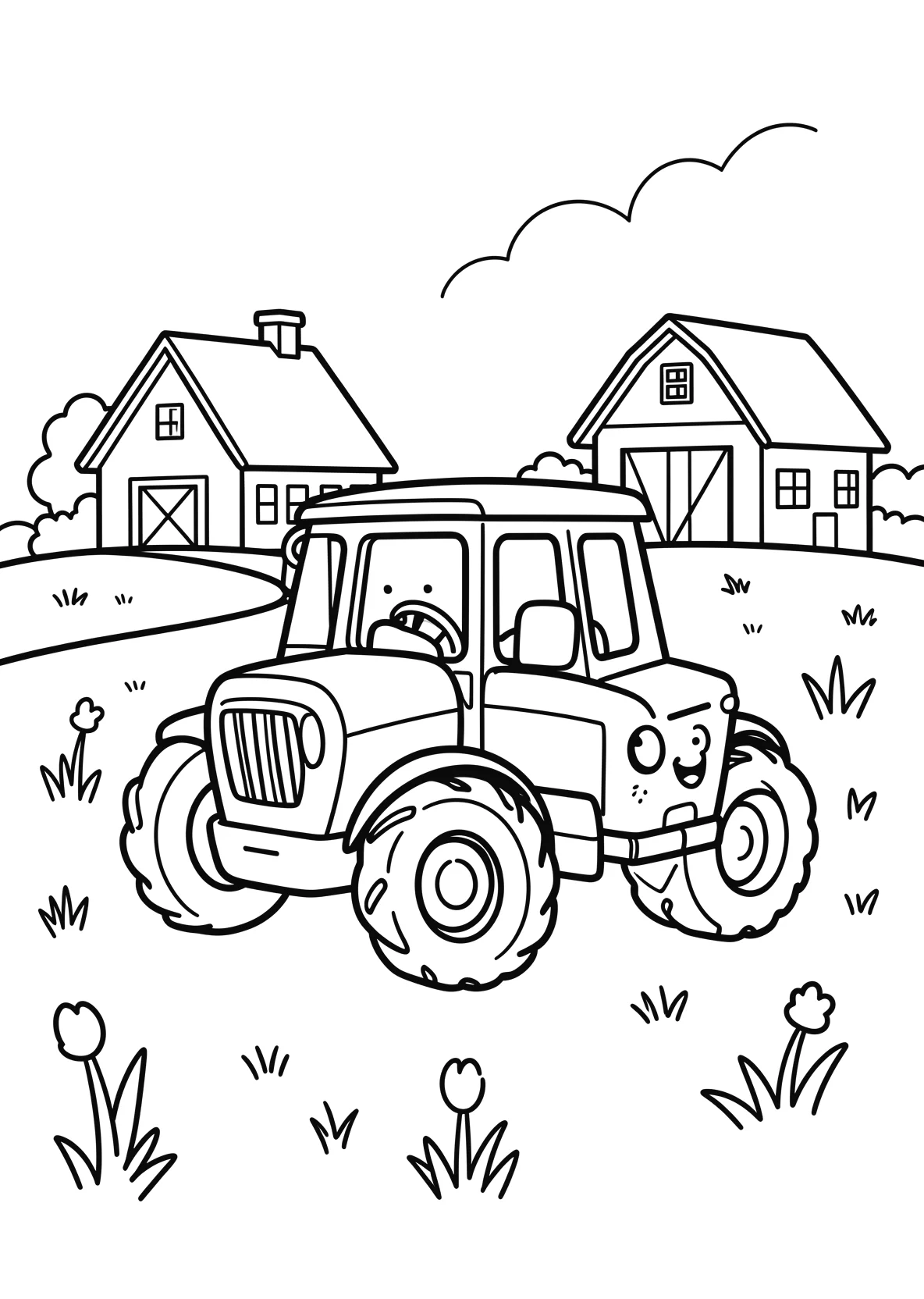 Ausmalbild Traktor fährt über ein Feld mit Bauernhaus - Ausmalbild aus der Kategorie Fahrzeuge - kostenlos ausdrucken