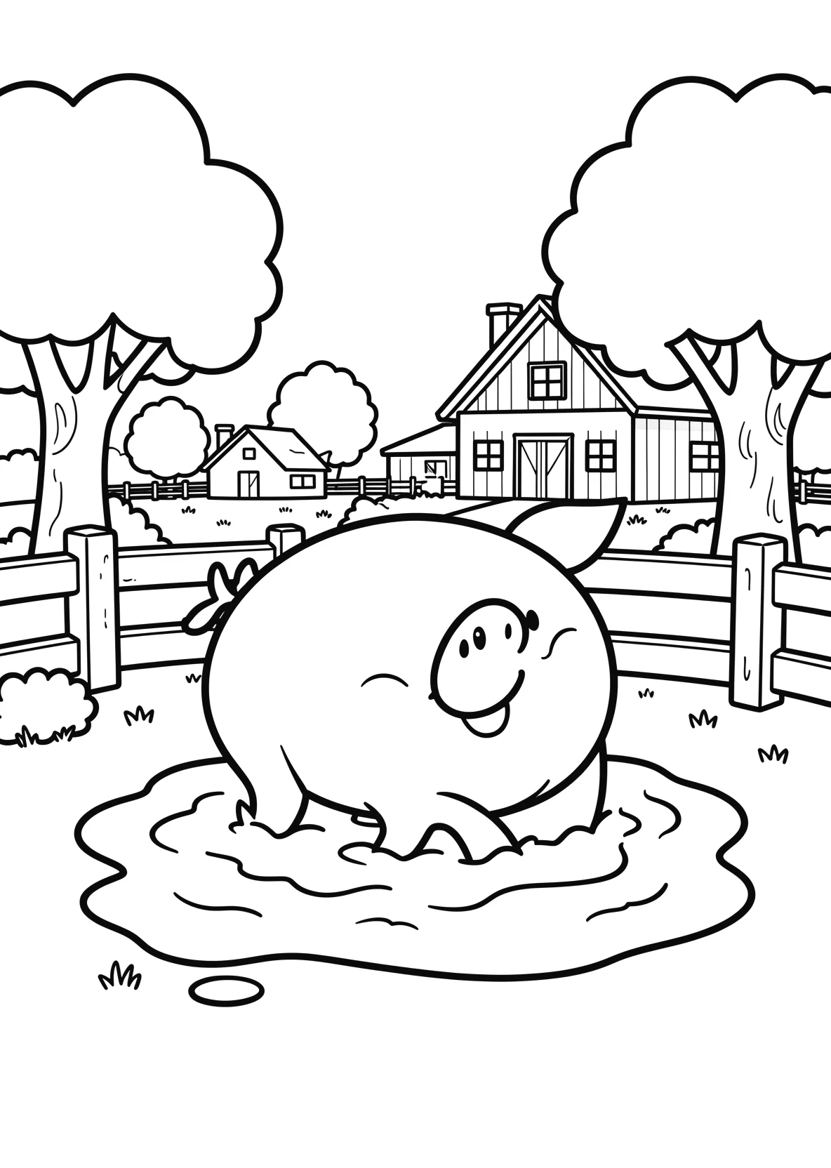 Ausmalbild Schwein spielt im Schlamm mit Zaun - Ausmalbild aus der Kategorie Tiere - kostenlos ausdrucken