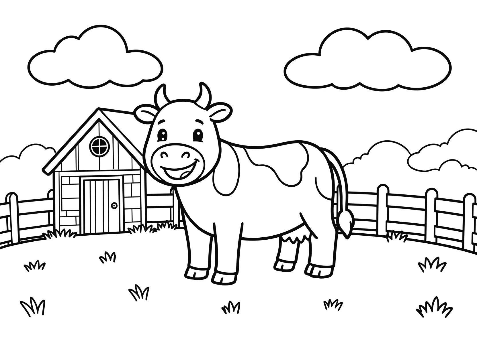 Ausmalbild Kuh steht auf einer Wiese mit Scheune - Ausmalbild aus der Kategorie Natur - kostenlos ausdrucken