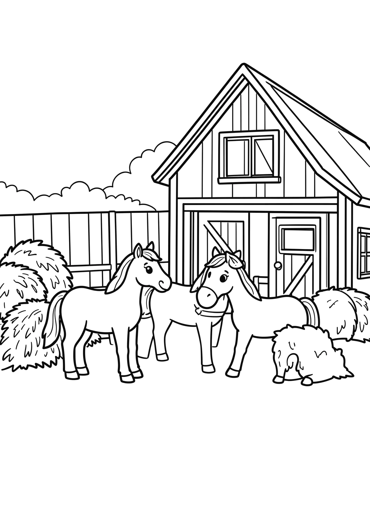 Ausmalbild Pferdestall mit Pferden - Ausmalbild aus der Kategorie Tiere - kostenlos ausdrucken