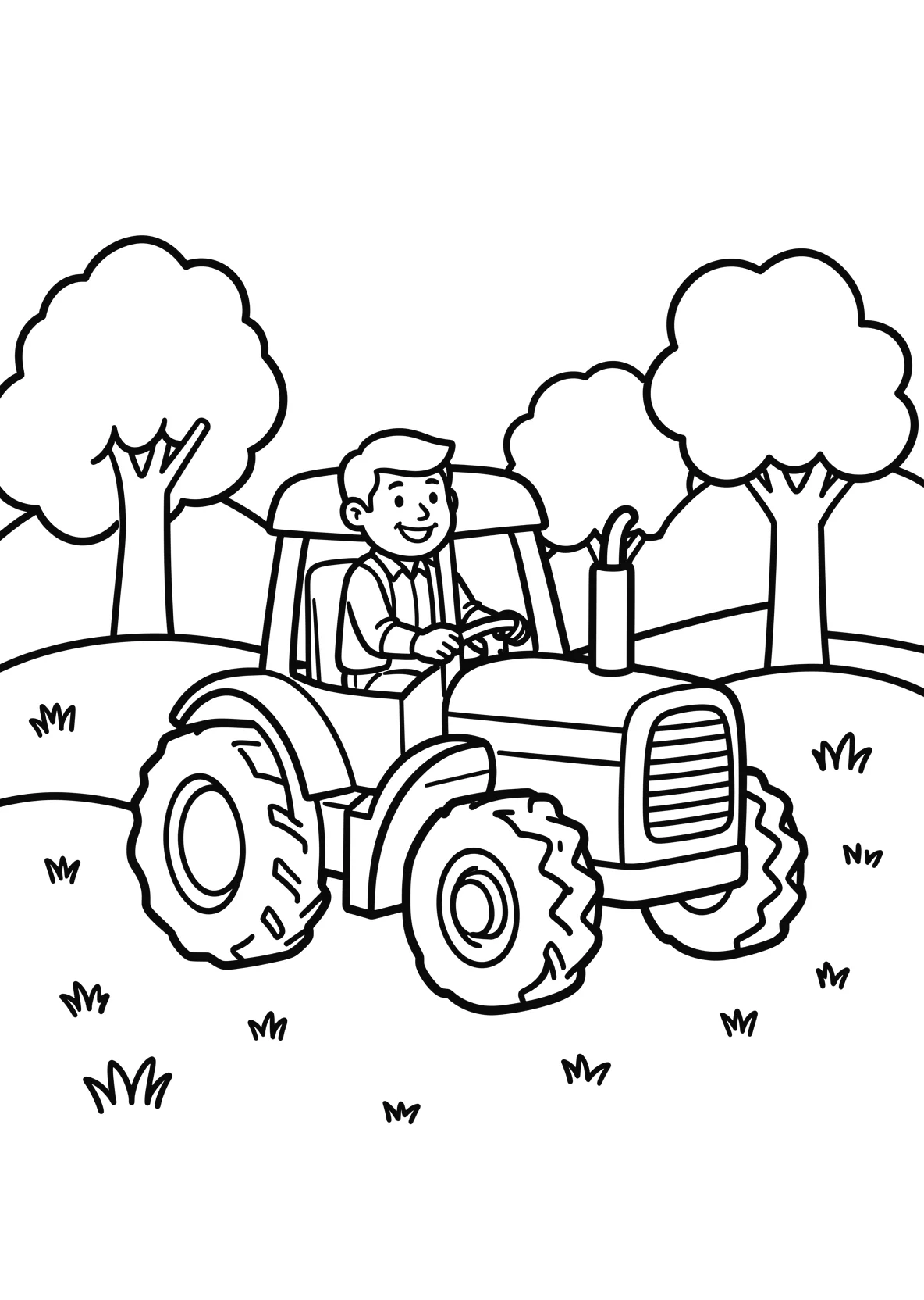 Ausmalbild Bauer fährt einen Traktor über ein Feld mit Bäumen - Ausmalbild aus der Kategorie Fahrzeuge - kostenlos ausdrucken