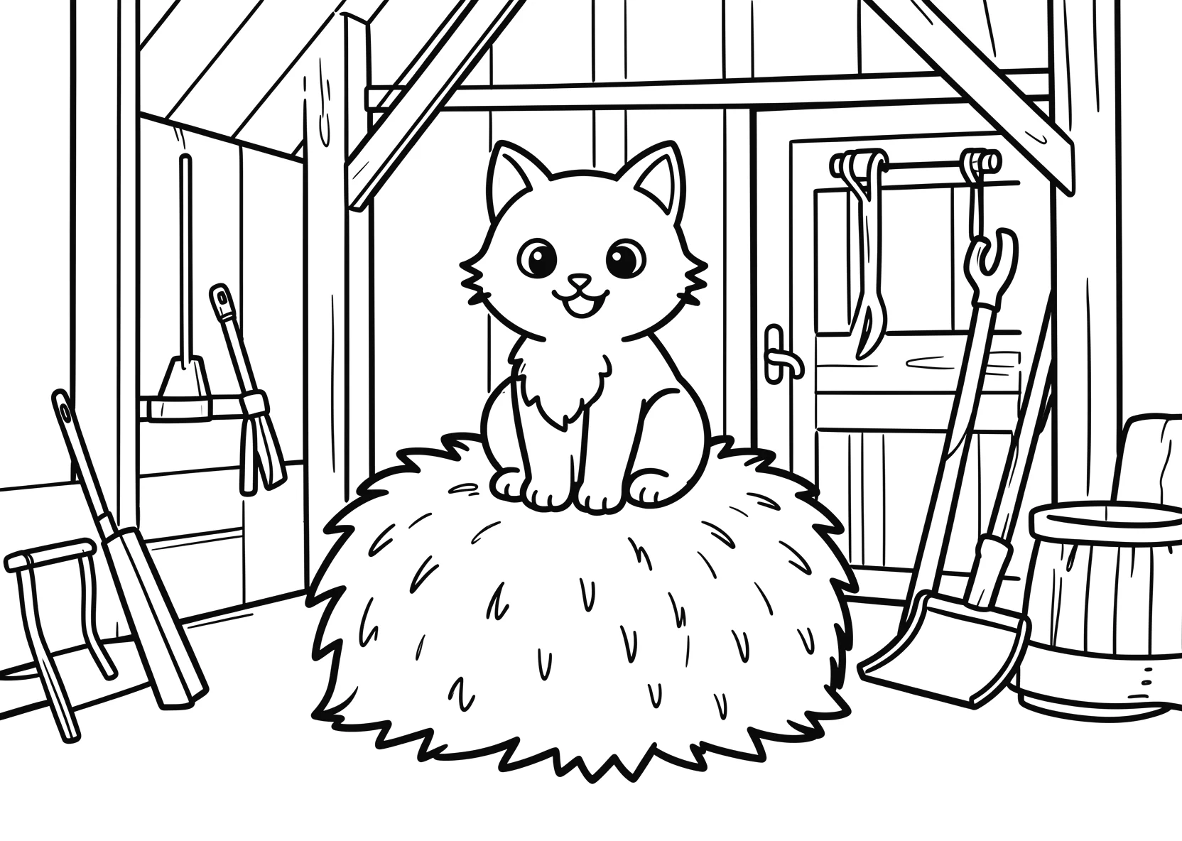 Ausmalbild Katze sitzt auf einem Heuballen in einer Scheune - Ausmalbild aus der Kategorie Tiere - kostenlos ausdrucken
