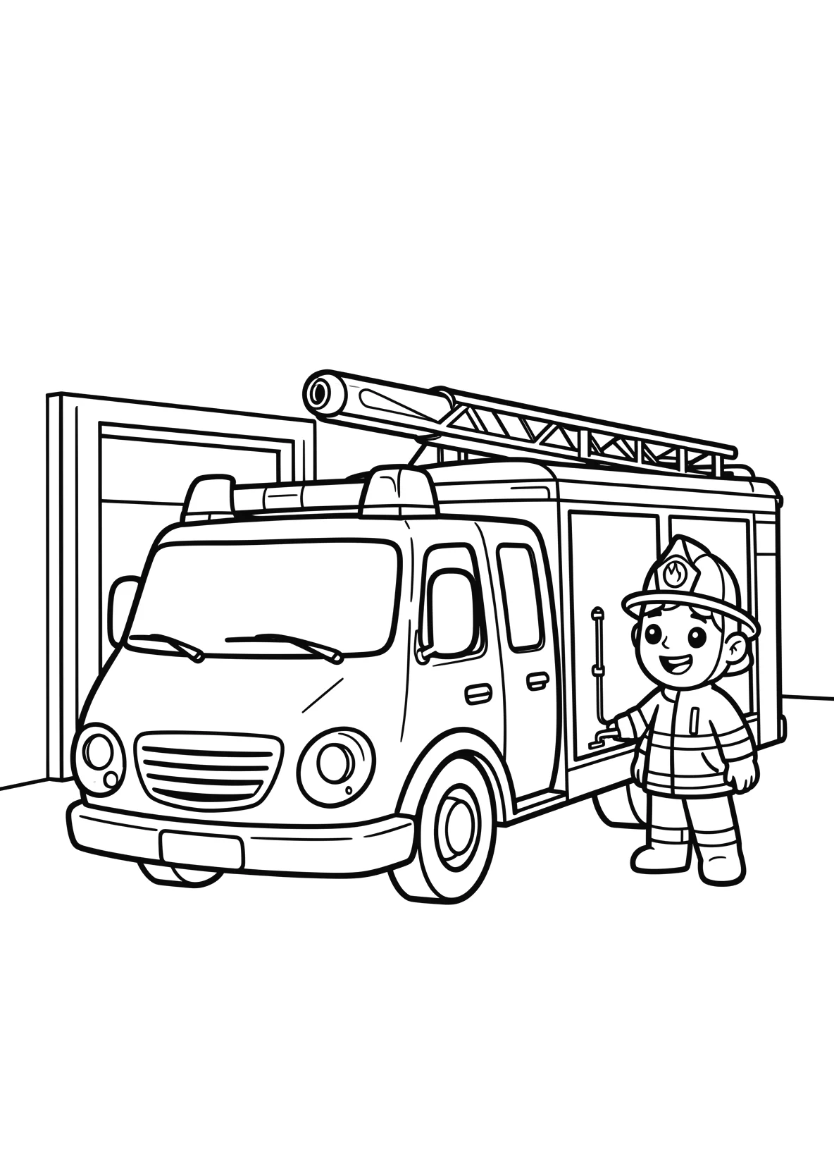 Ausmalbild Feuerwehrauto vor einer Feuerwehrstation mit - Ausmalbild aus der Kategorie Fahrzeuge - kostenlos ausdrucken