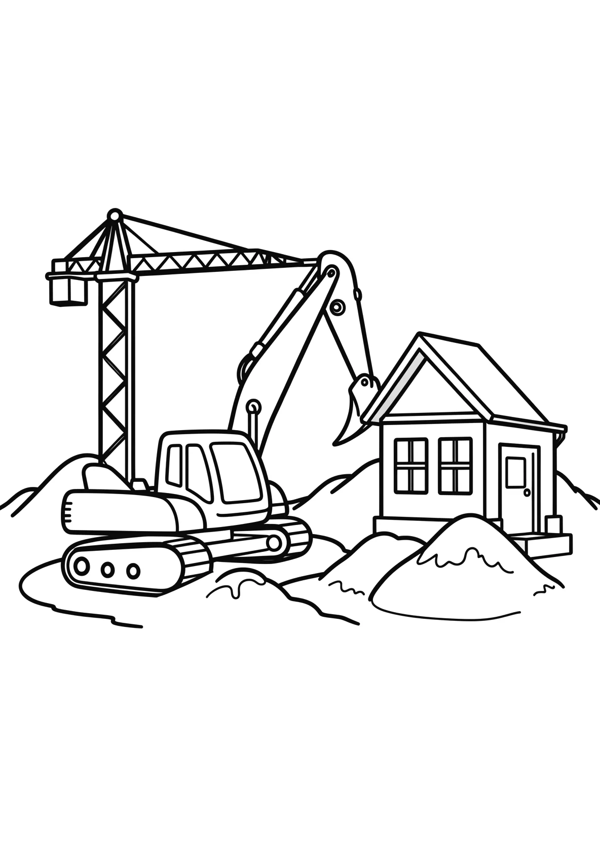 Ausmalbild Bagger arbeitet auf einer Baustelle mit Kran - Ausmalbild aus der Kategorie Berufe - kostenlos ausdrucken