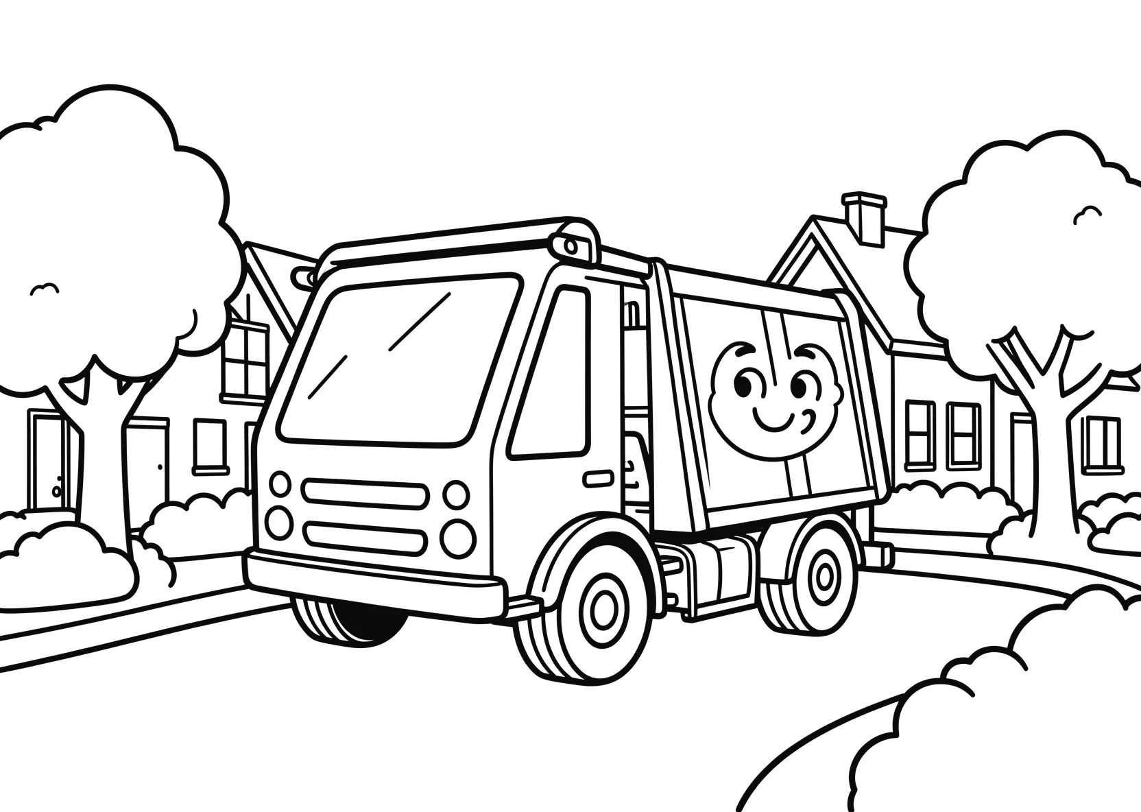 Ausmalbild Großer Müllwagen fährt durch eine Straße mit - Ausmalbild aus der Kategorie Fahrzeuge - kostenlos ausdrucken
