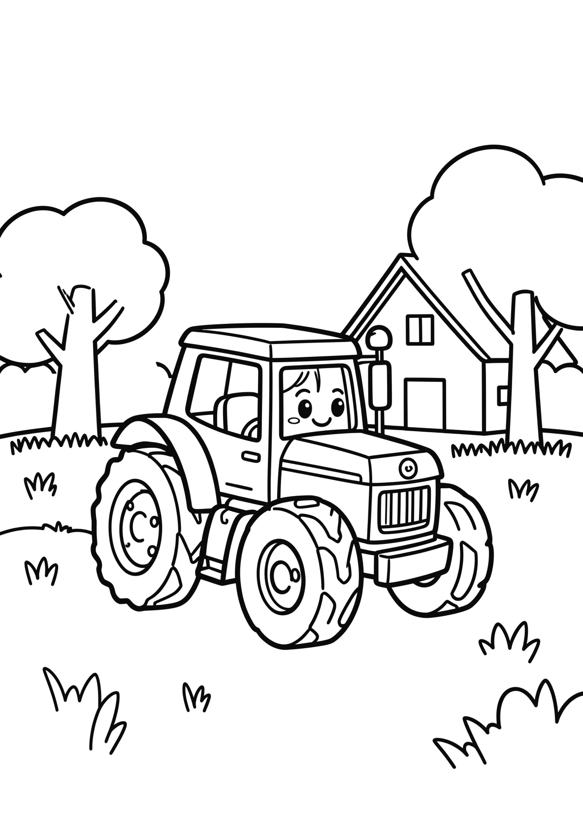 Ausmalbild Traktor fährt über ein Feld mit Scheune - Ausmalbild aus der Kategorie Fahrzeuge - kostenlos ausdrucken