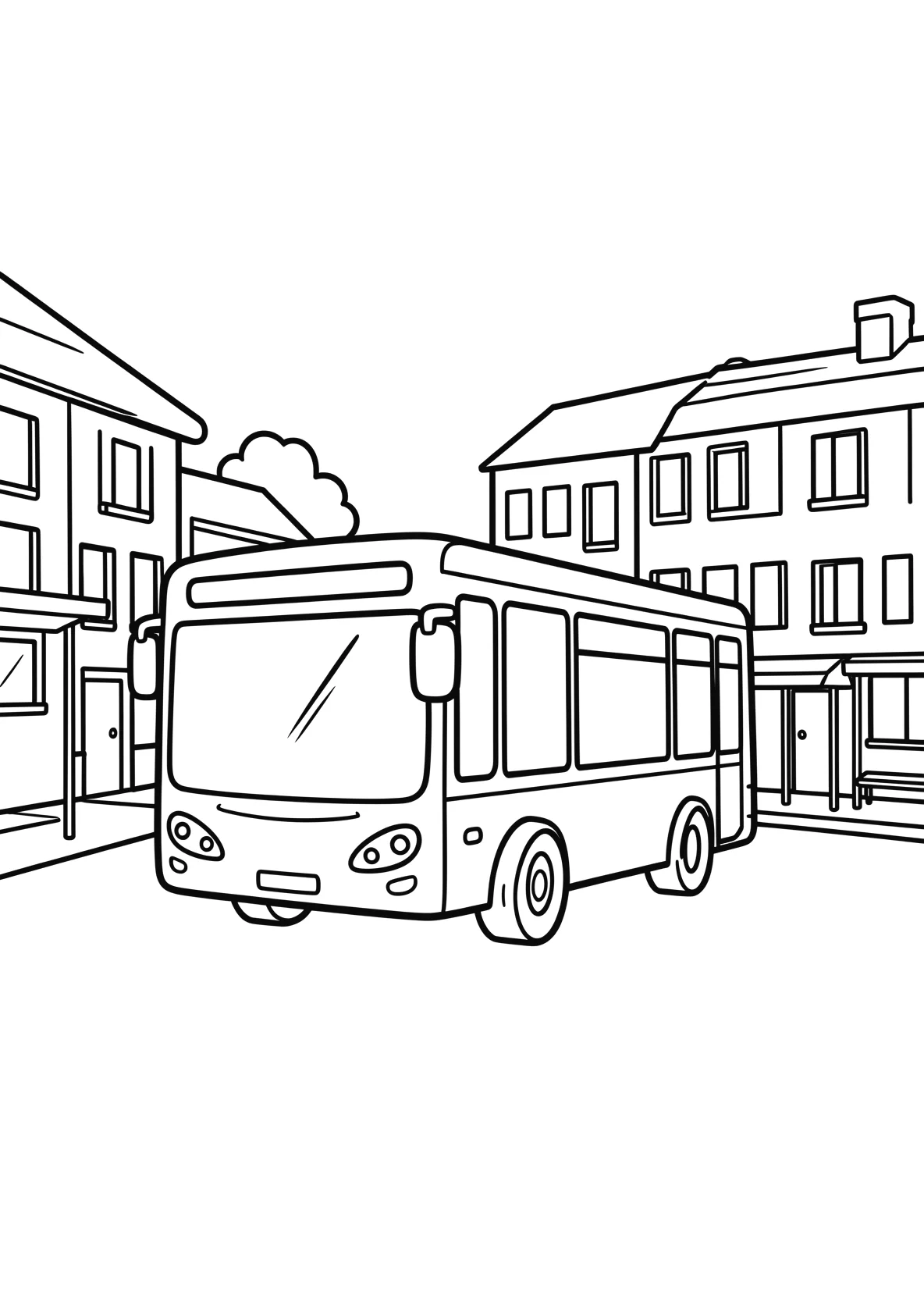 Ausmalbild Bus fährt durch eine Stadt mit Häusern - Ausmalbild aus der Kategorie Fahrzeuge - kostenlos ausdrucken