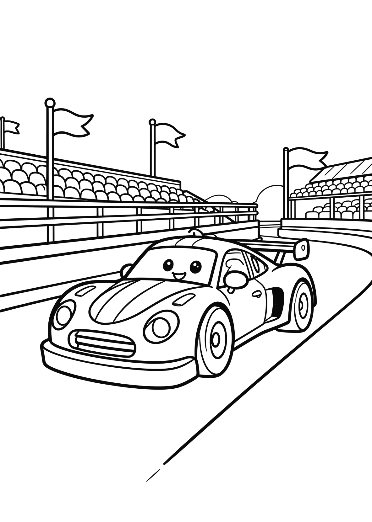 Ausmalbild Rennwagen fährt über eine Rennstrecke mit Tribüne - Ausmalbild aus der Kategorie Fahrzeuge - kostenlos ausdrucken