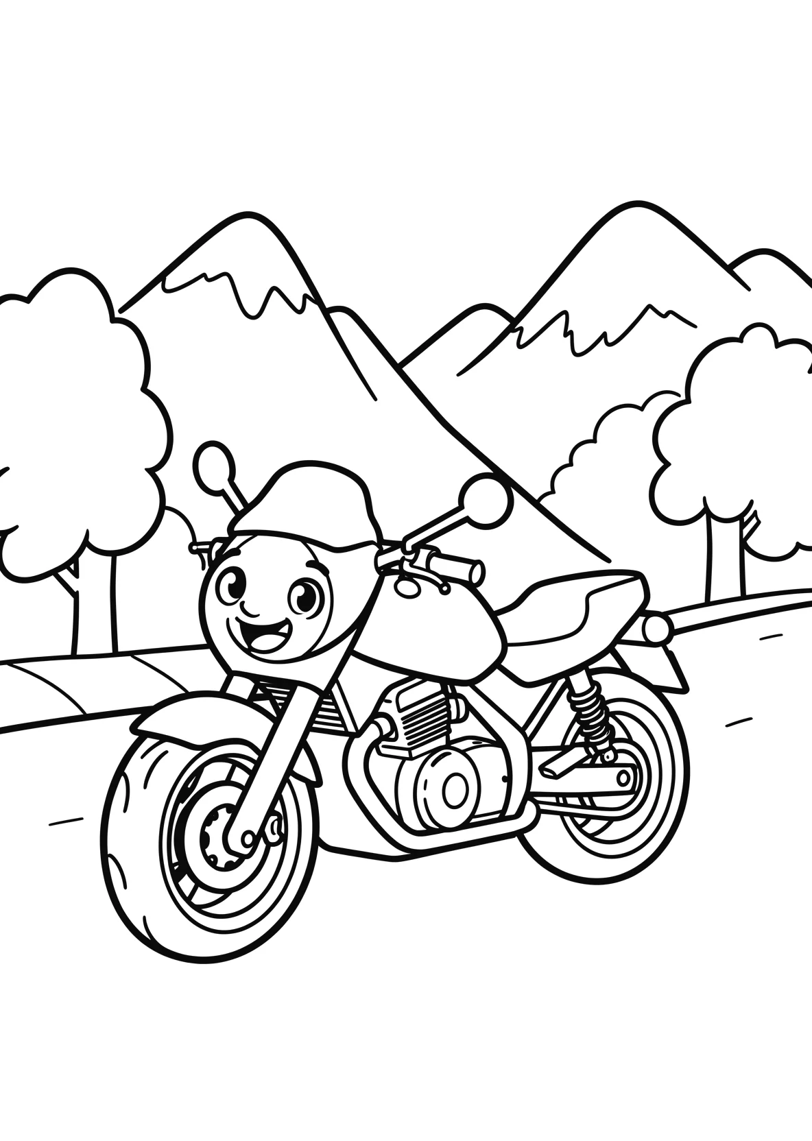 Ausmalbild Motorrad steht auf einer Straße mit Bergen - Ausmalbild aus der Kategorie Fahrzeuge - kostenlos ausdrucken