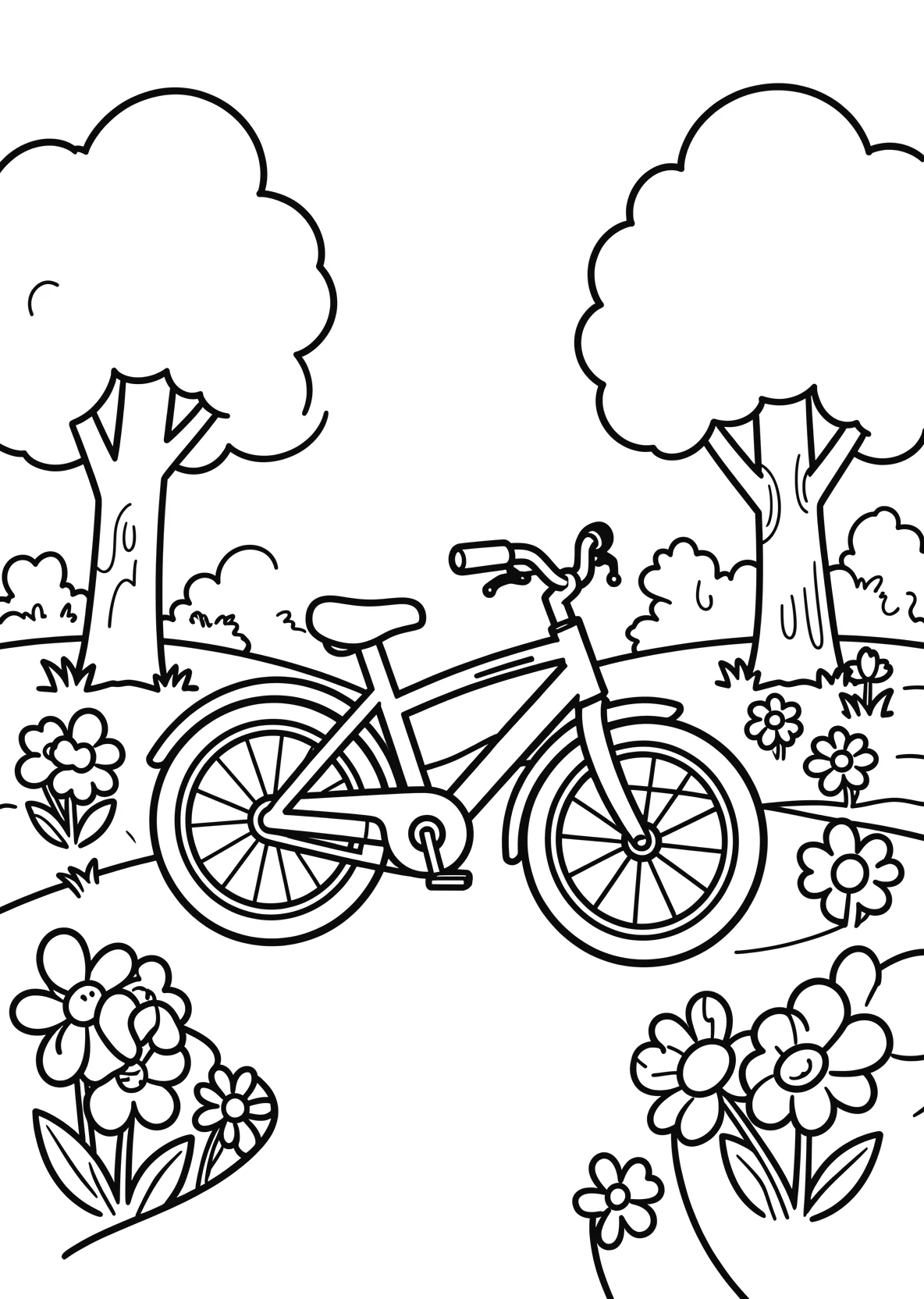 Ausmalbild Fahrrad steht in einem Park mit Blumen - Ausmalbild aus der Kategorie Fahrzeuge - kostenlos ausdrucken