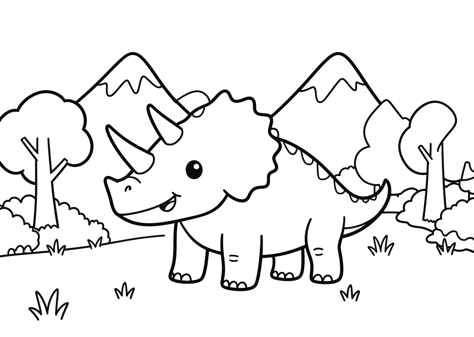 Ausmalbild Triceratops steht auf einer Wiese mit Bergen - Ausmalbild aus der Kategorie Tiere - kostenlos ausdrucken