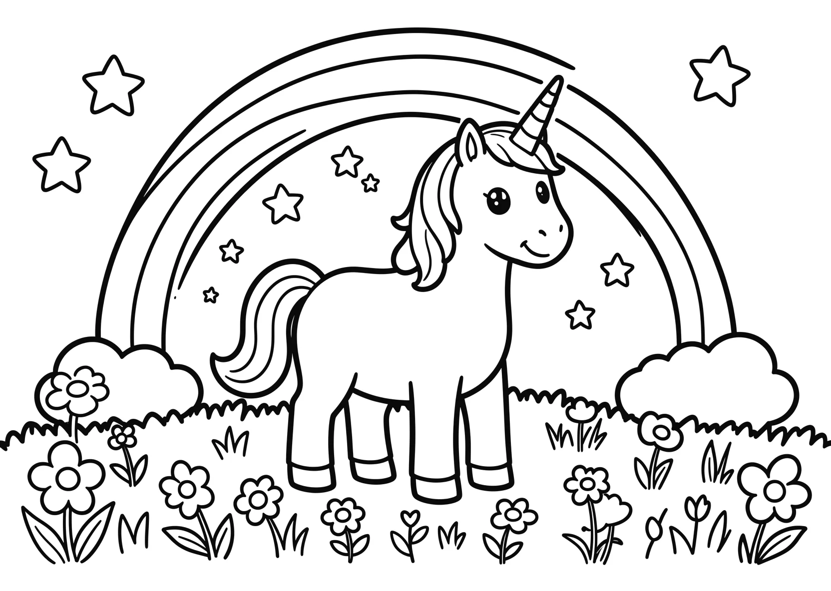 Ausmalbild Einhorn steht auf einer Blumenwiese mit Regenbogen - Ausmalbild aus der Kategorie Natur - kostenlos ausdrucken