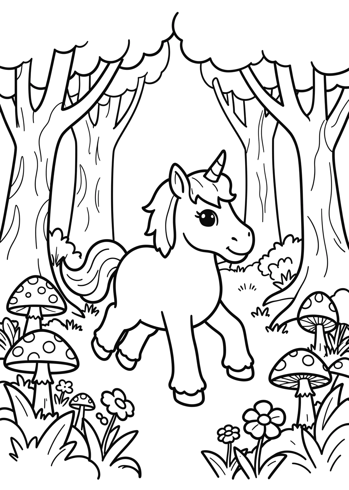 Ausmalbild Einhorn läuft durch einen Zauberwald mit Pilzen - Ausmalbild aus der Kategorie Maerchen - kostenlos ausdrucken