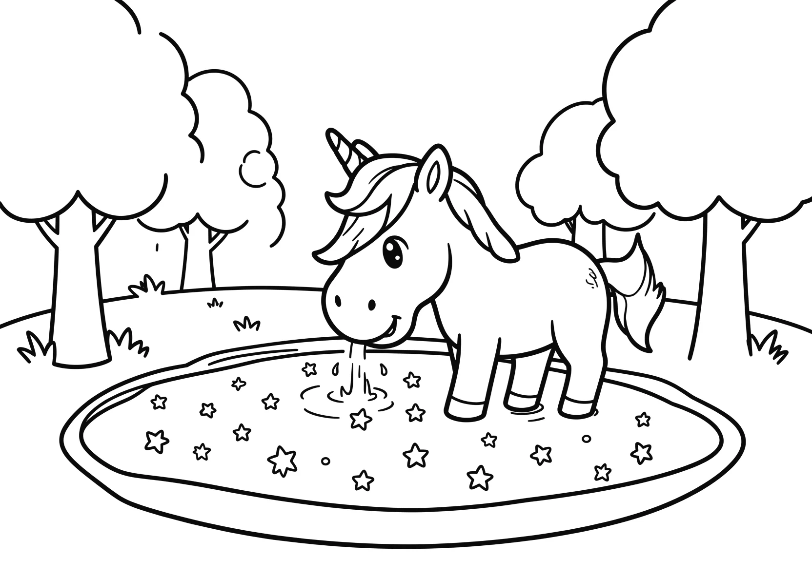 Ausmalbild Einhorn trinkt aus einem magischen See mit Sternen - Ausmalbild aus der Kategorie Maerchen - kostenlos ausdrucken
