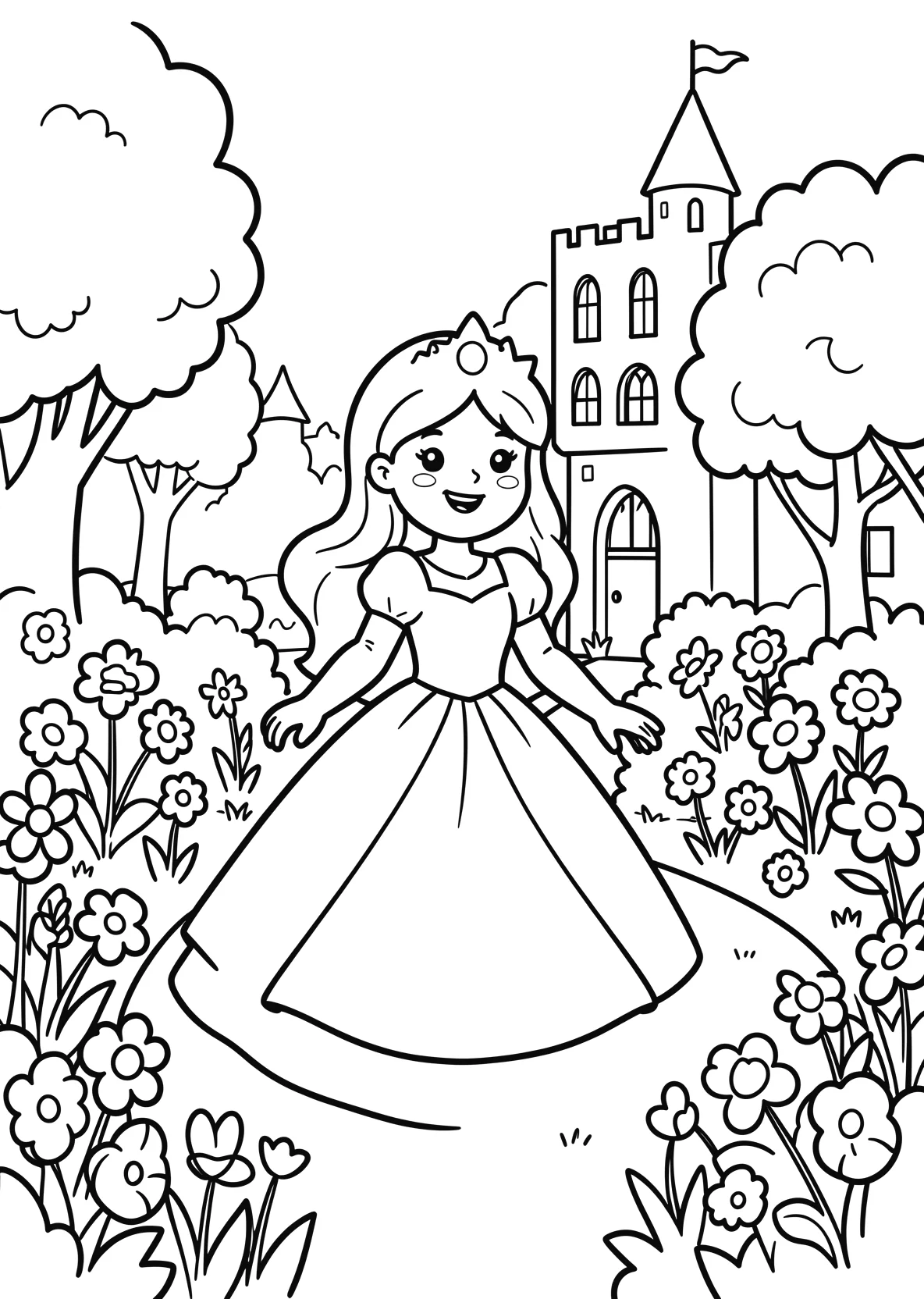 Ausmalbild Prinzessin läuft durch einen Schlossgarten mit - Ausmalbild aus der Kategorie Maerchen - kostenlos ausdrucken
