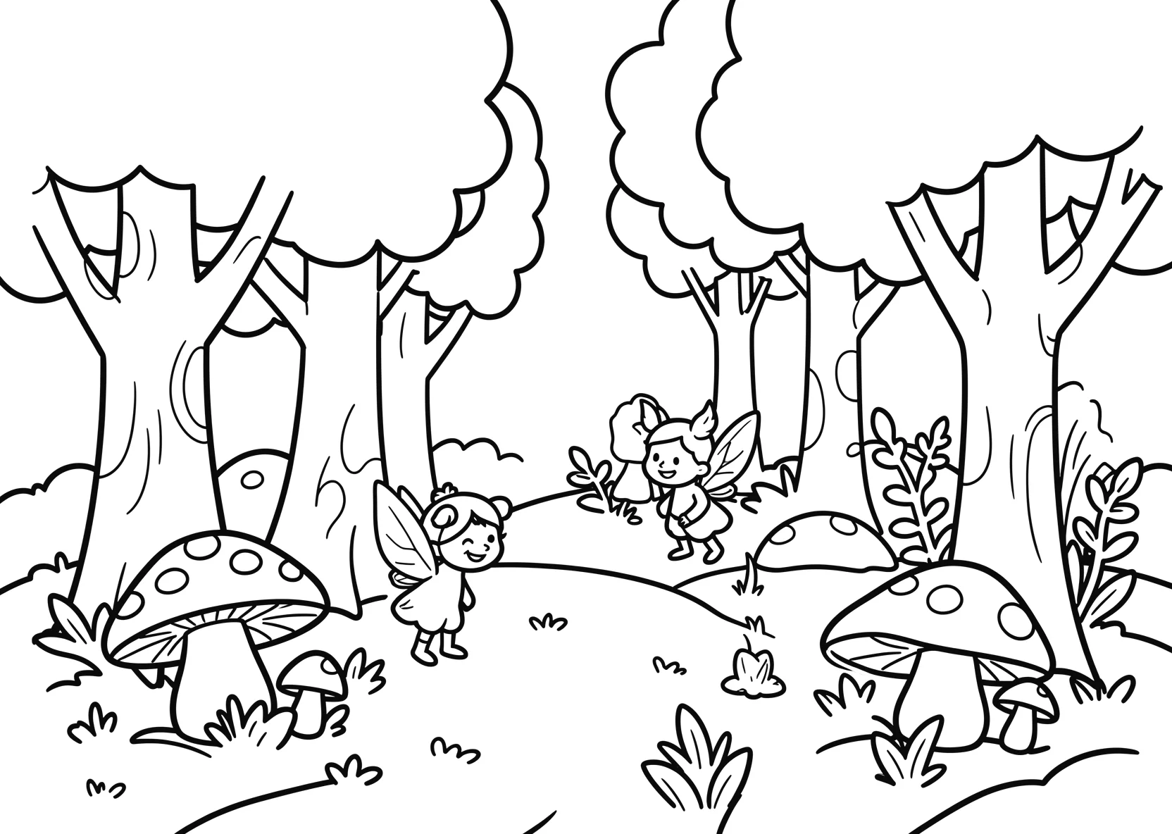 Ausmalbild Zauberwald mit Pilzen - Ausmalbild aus der Kategorie Maerchen - kostenlos ausdrucken